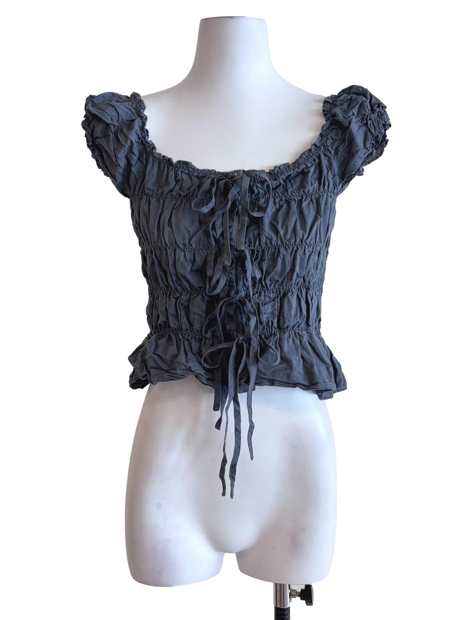 Deep Grey Shirred Tie Front Top