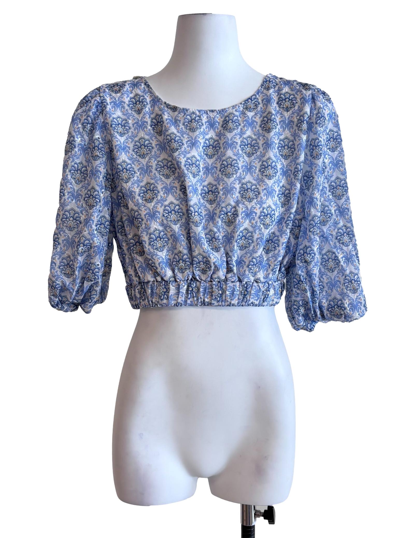 White Blue Floral Wrap Back Crop Top