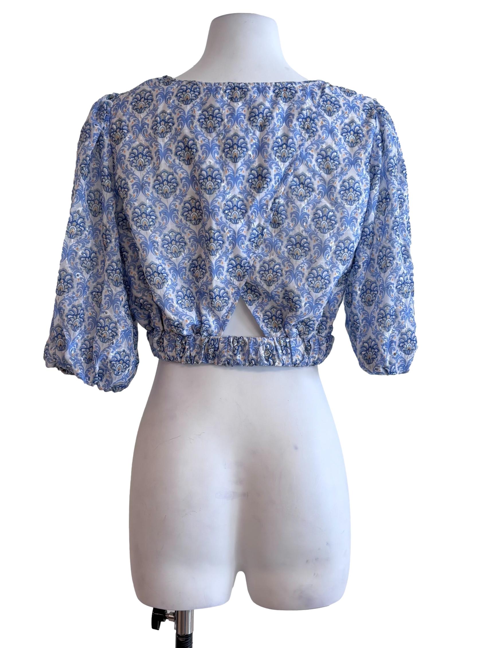 White Blue Floral Wrap Back Crop Top