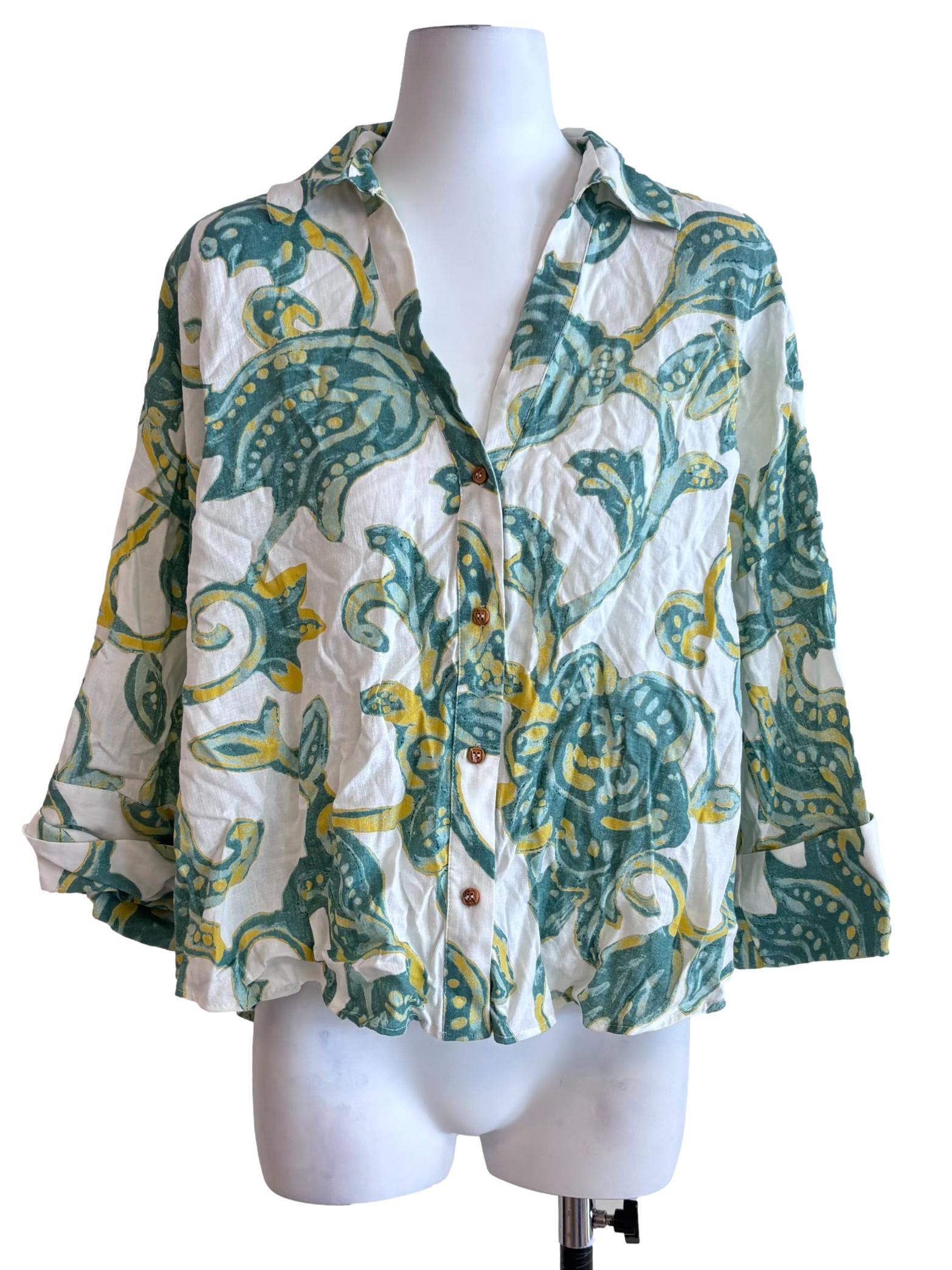 White Green Print Linen Shirt