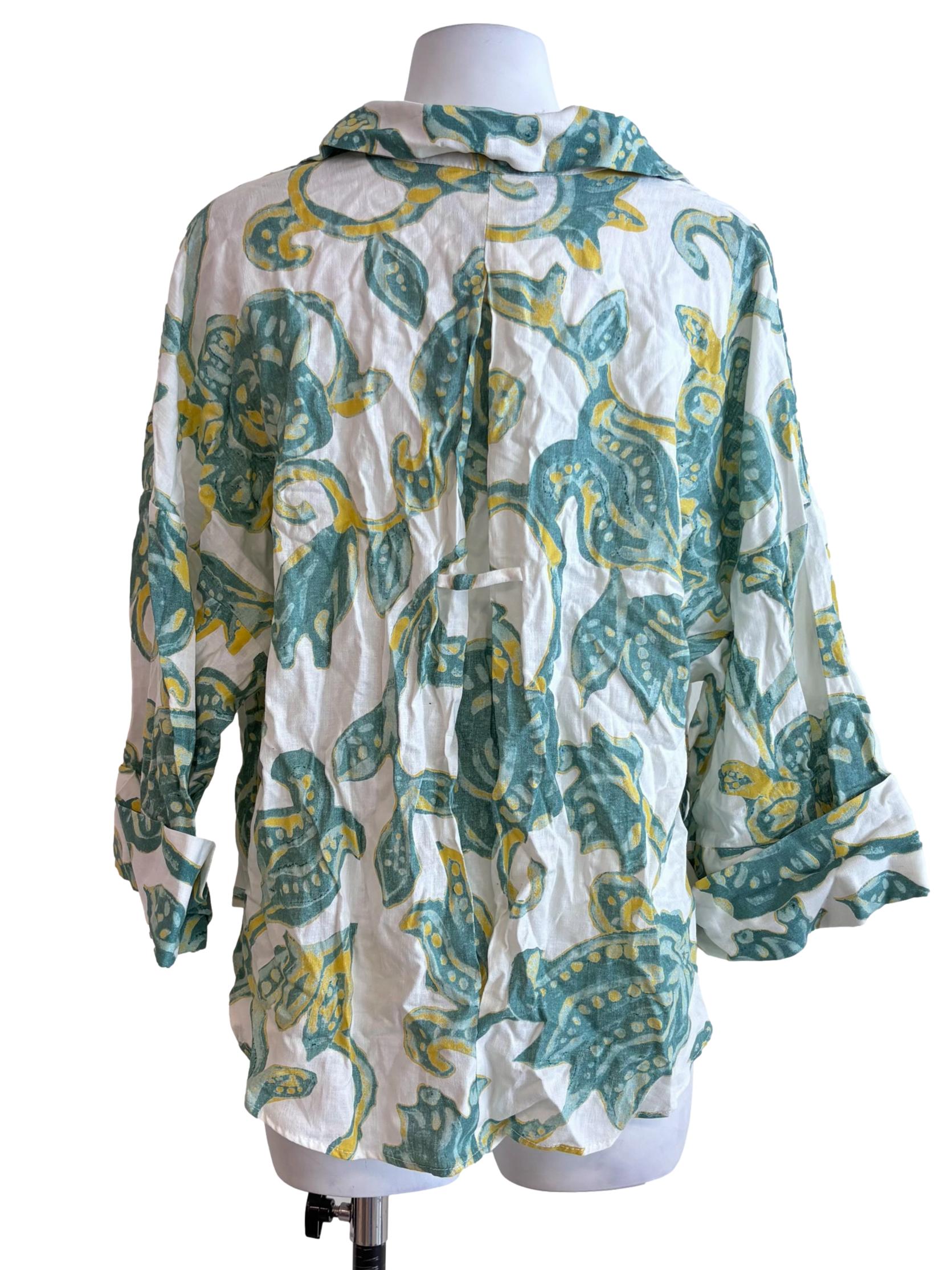 White Green Print Linen Shirt