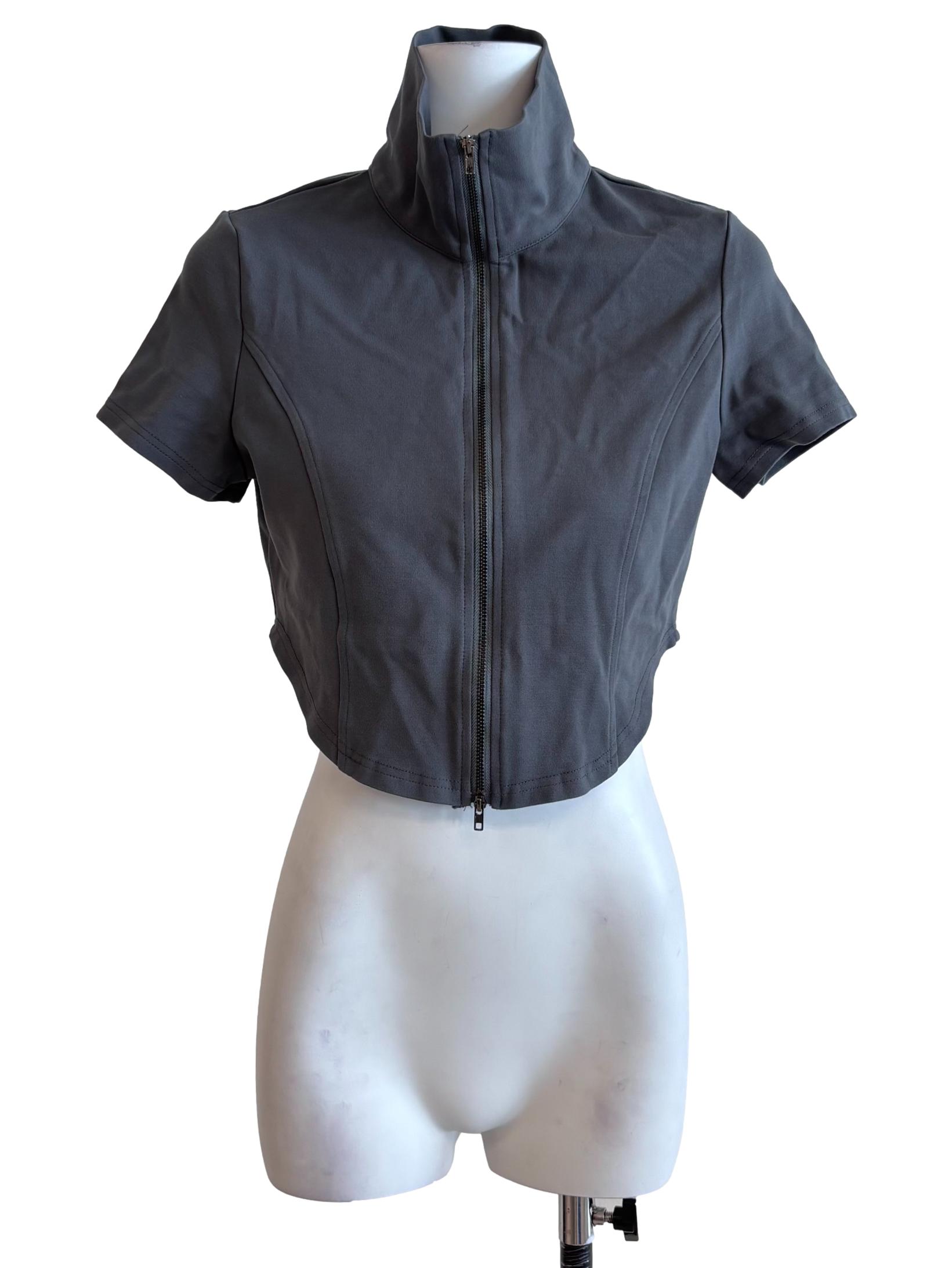 Fog Grey High Neck Zip Up Curved Top
