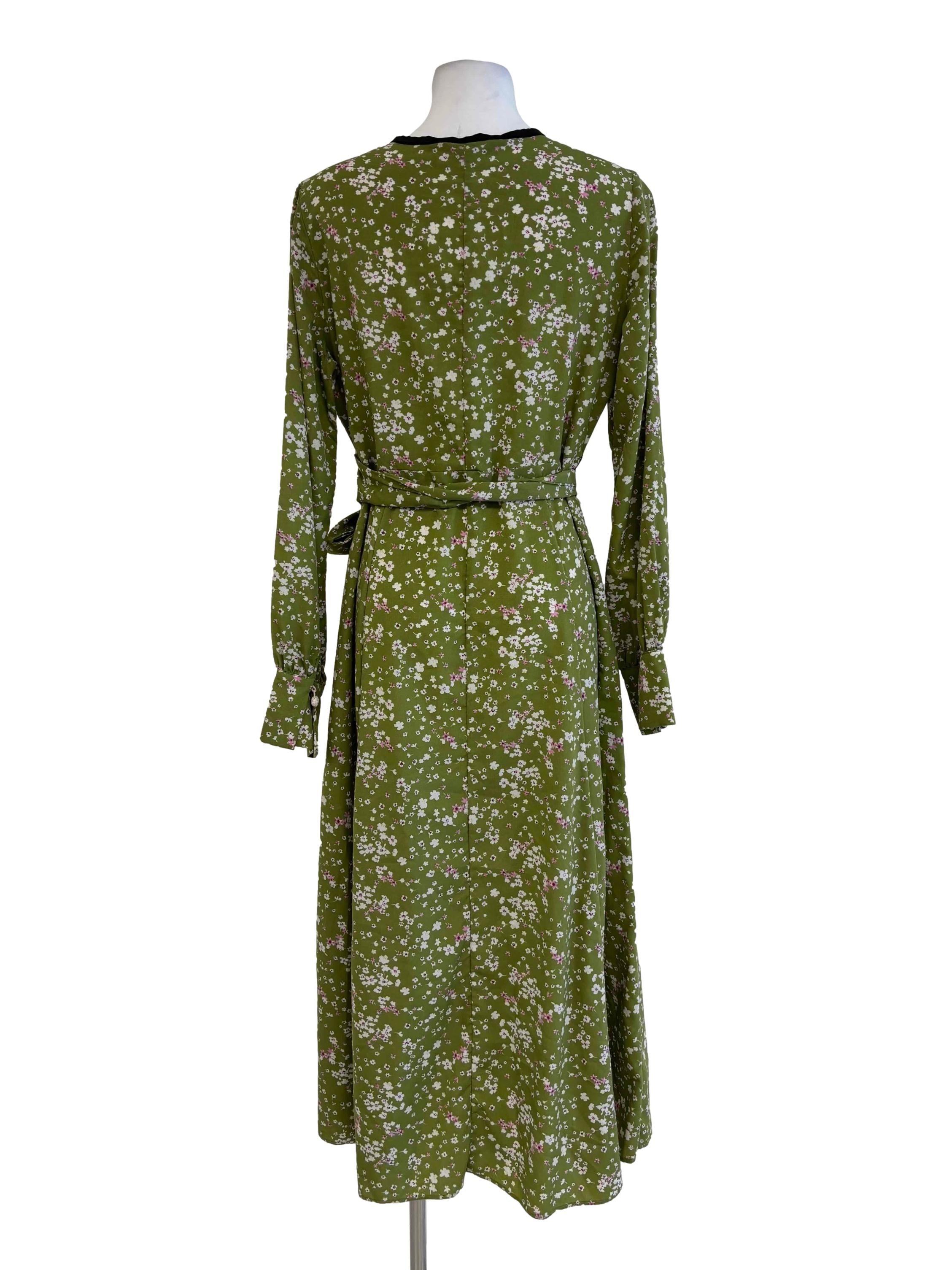 Avocado Green Floral Buttoned Chiffon Dress