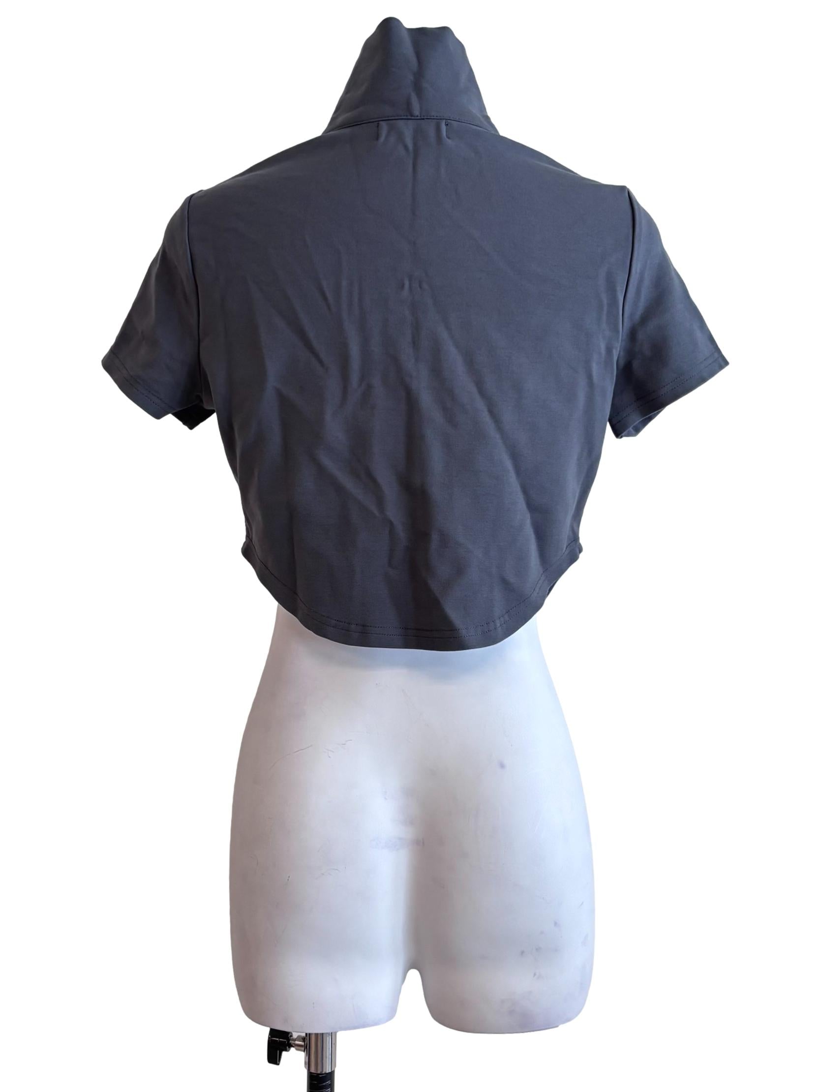 Fog Grey High Neck Zip Up Curved Top