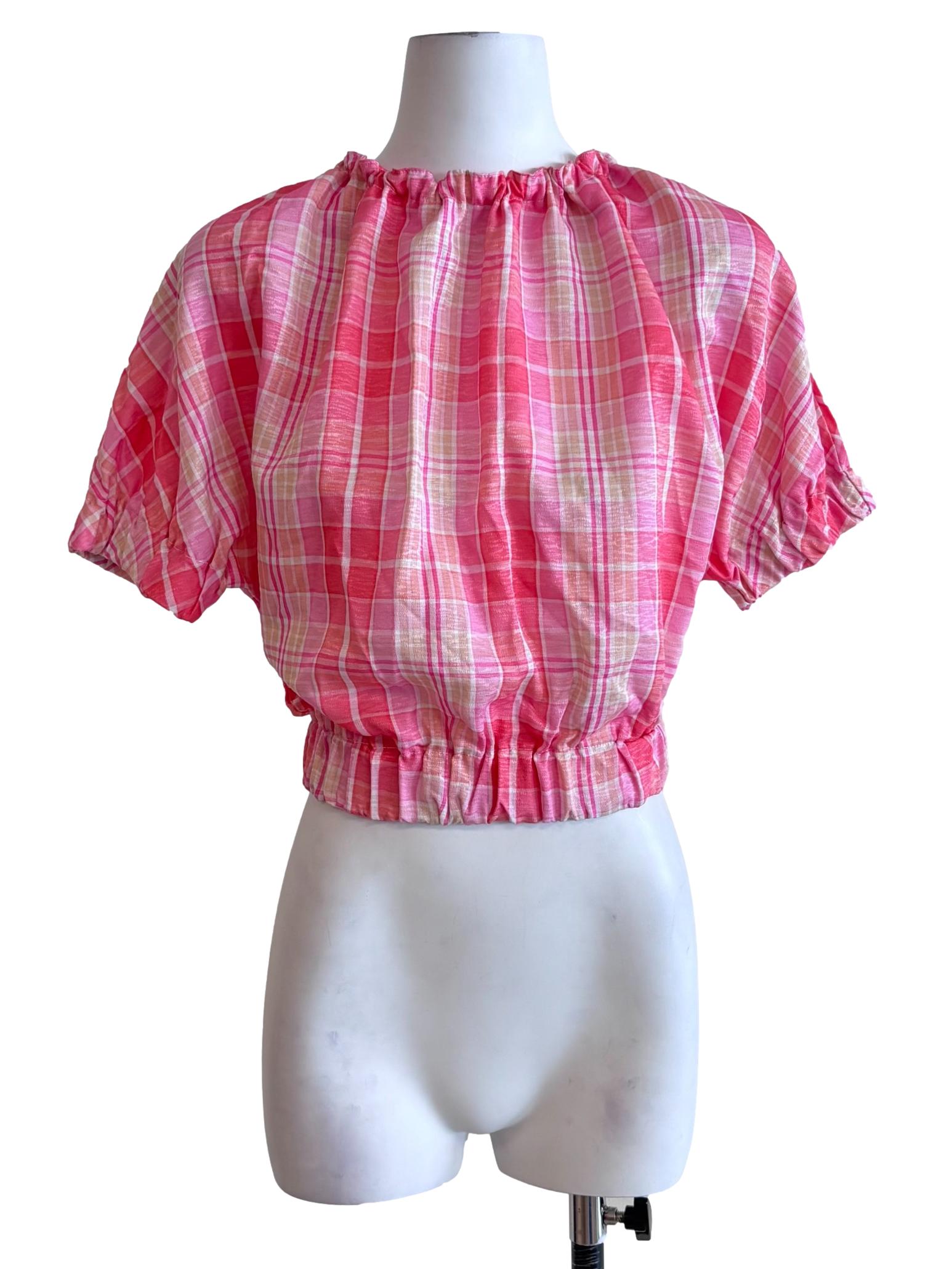 Pink Shades Plaid Scrunch Neck Top
