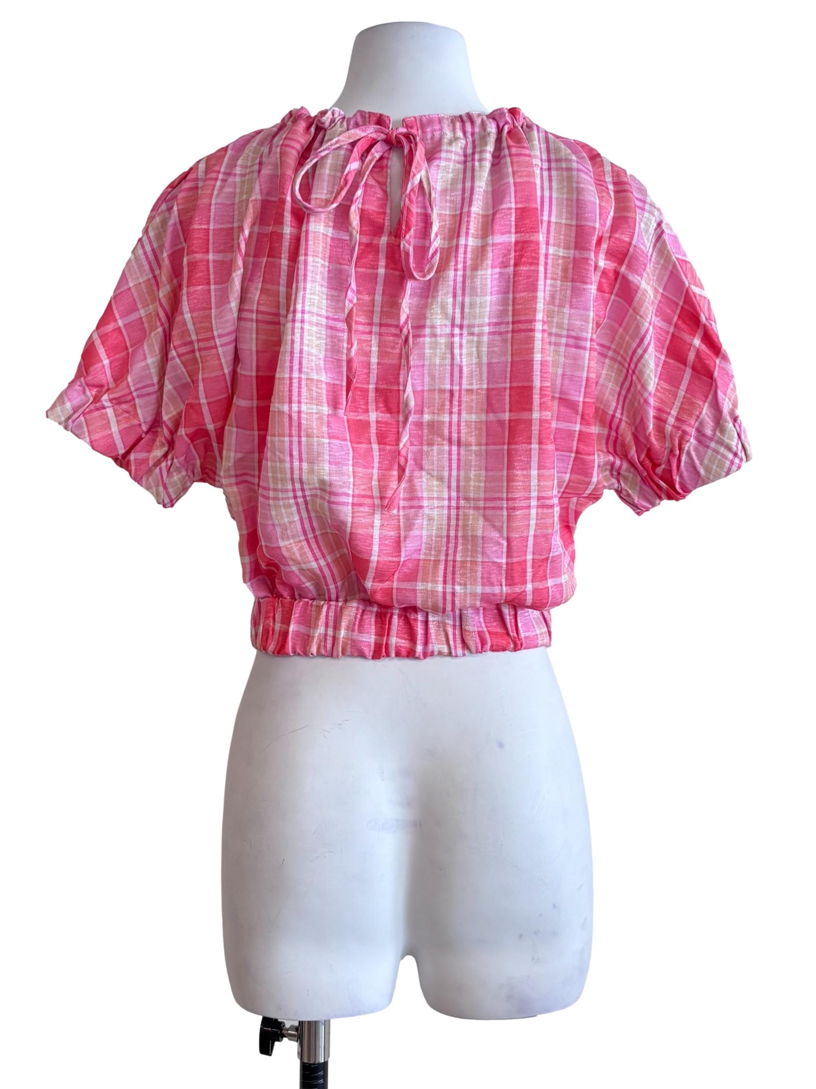 Pink Shades Plaid Scrunch Neck Top