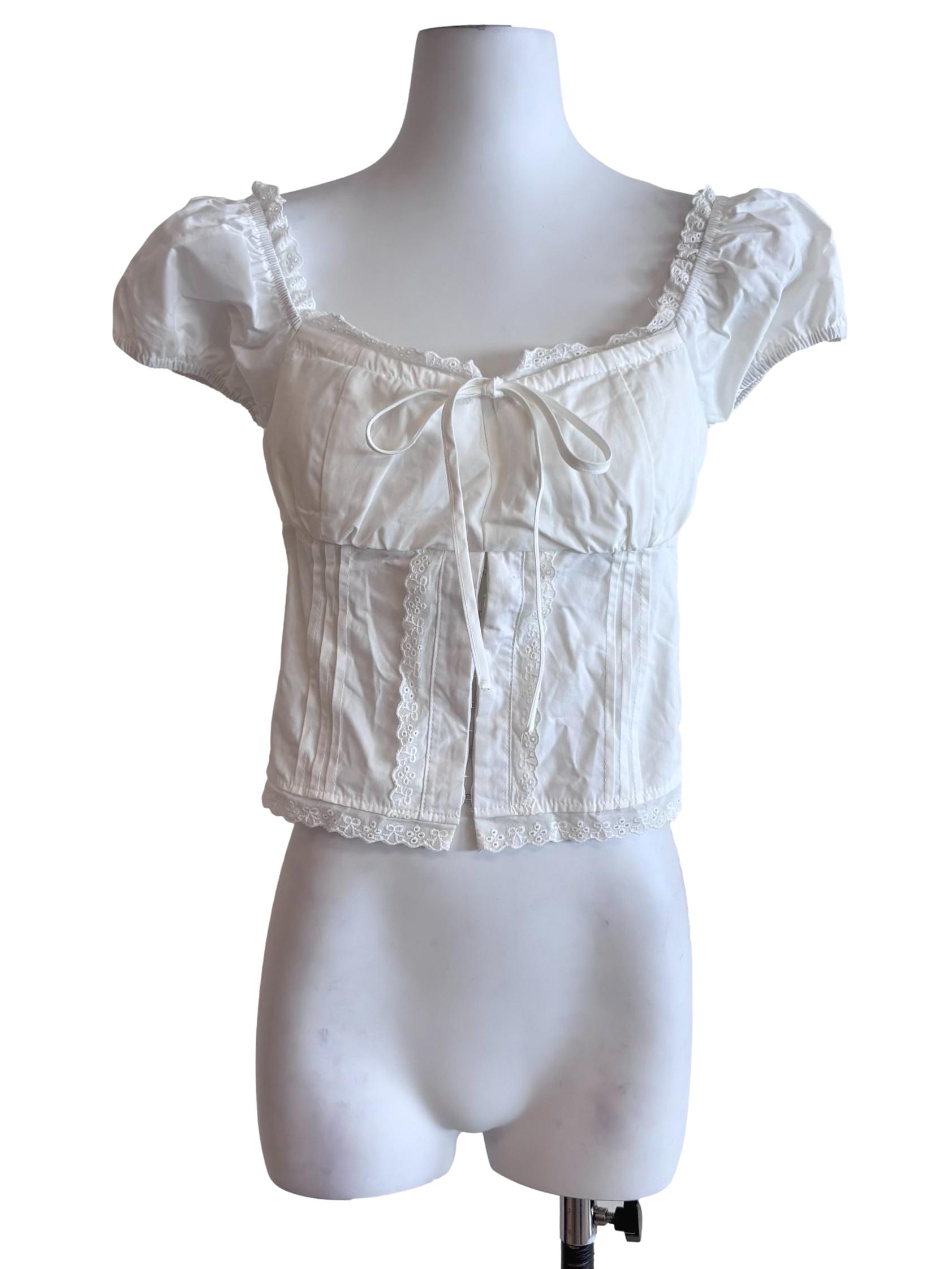 White Pinktuck Lace Trim Padded Sleeved Blouse
