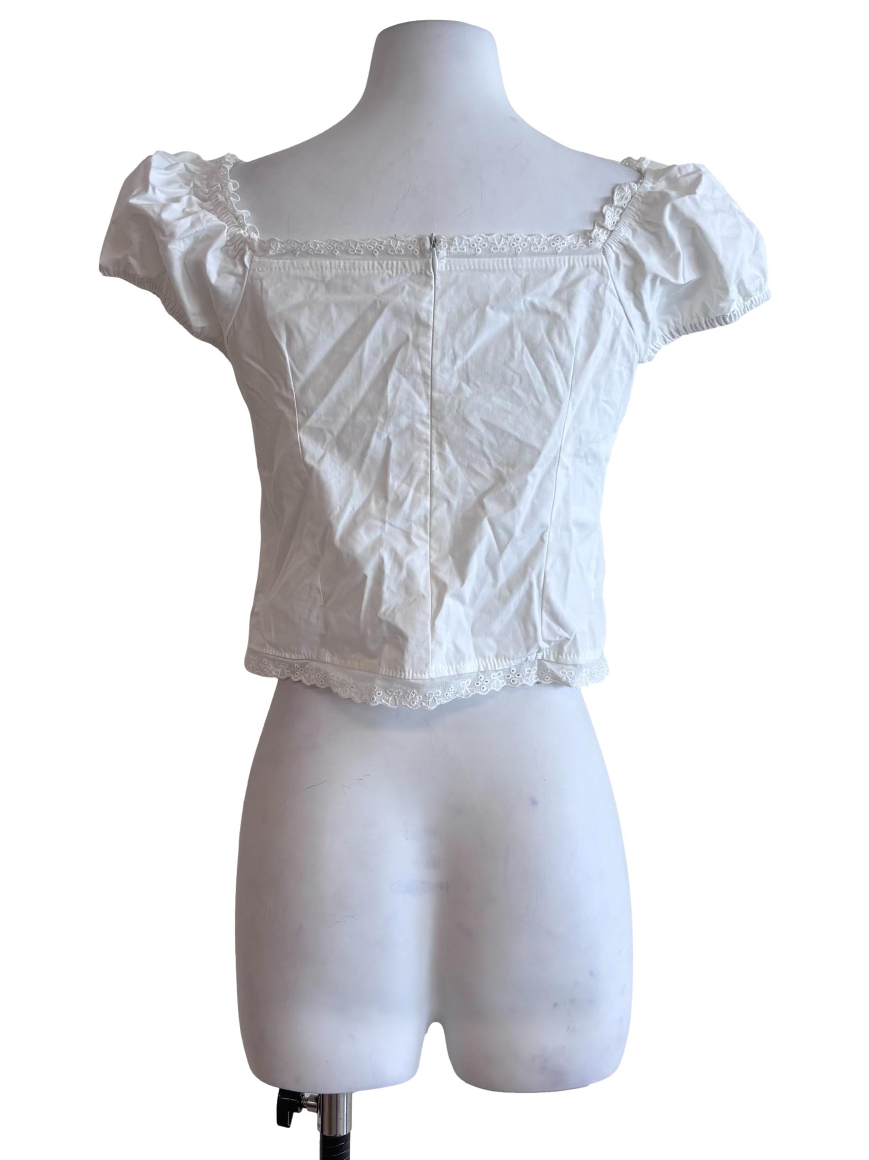 White Pinktuck Lace Trim Padded Sleeved Blouse