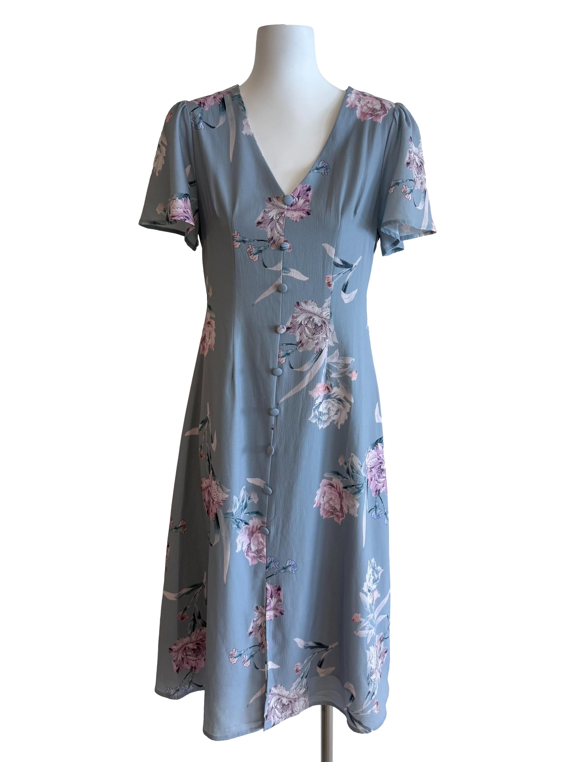 Ash Blue Floral V Neck Chiffon Dress