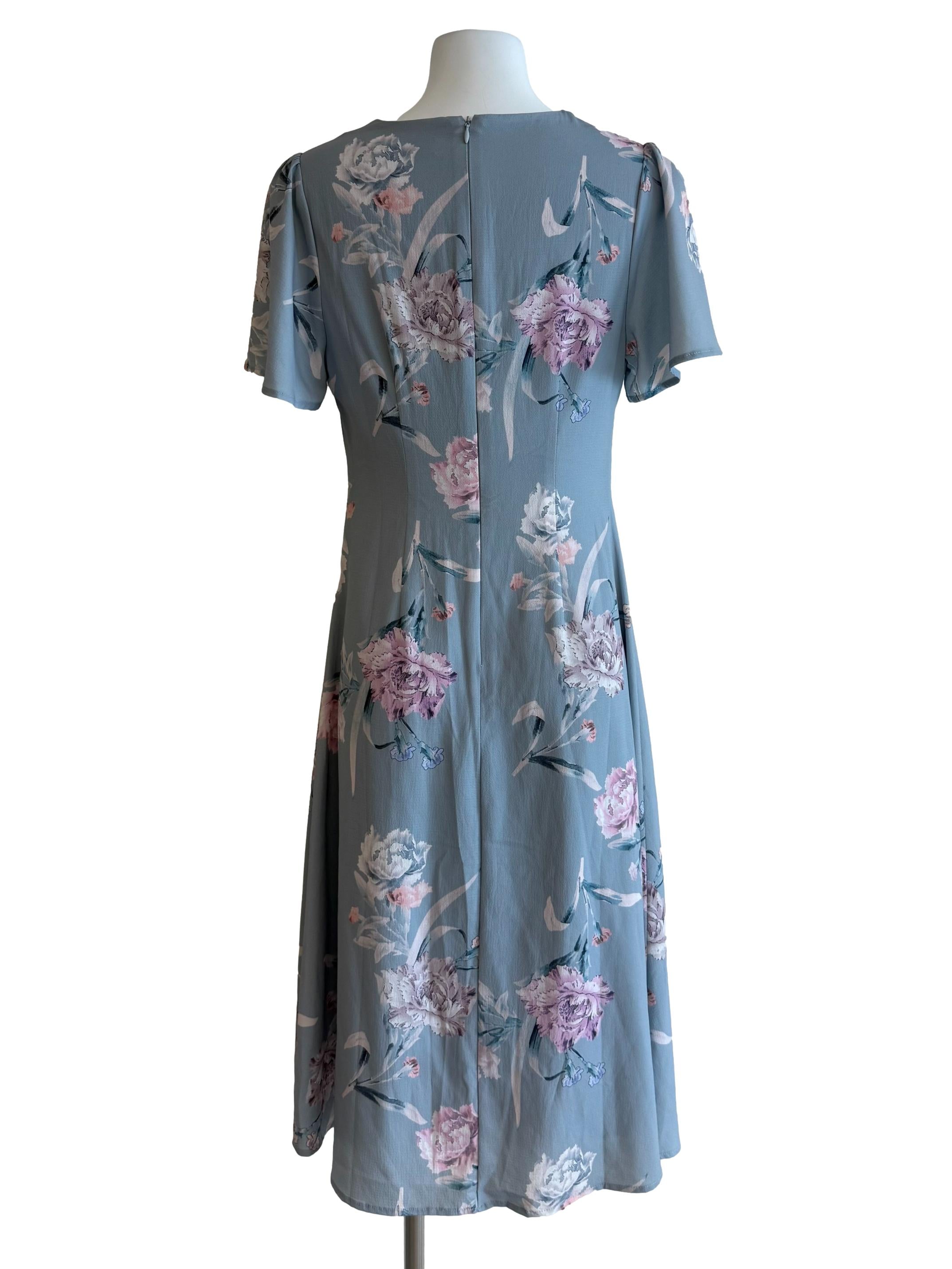 Ash Blue Floral V Neck Chiffon Dress