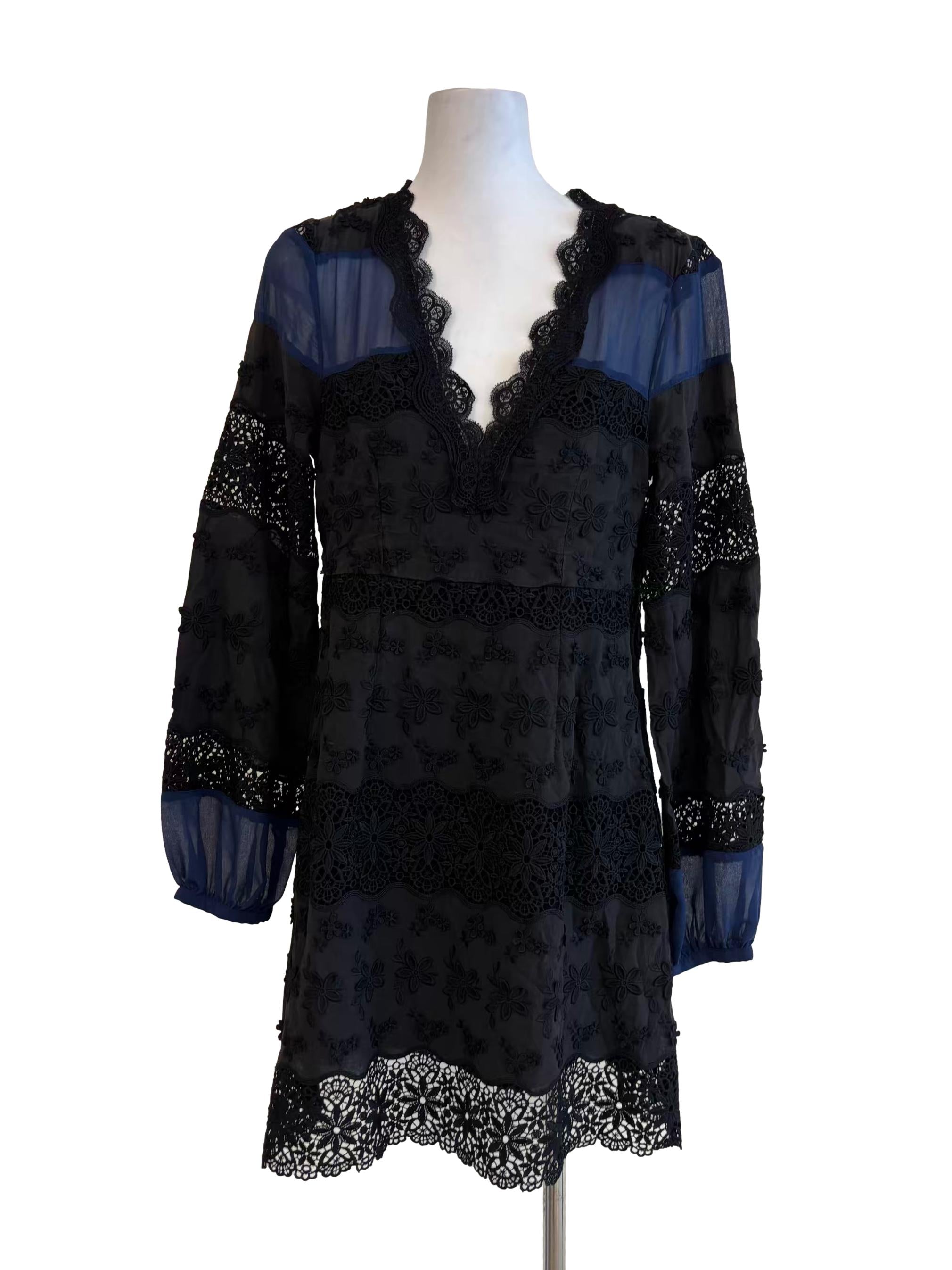 Jet Black Blue Cotton Embroidered Dress