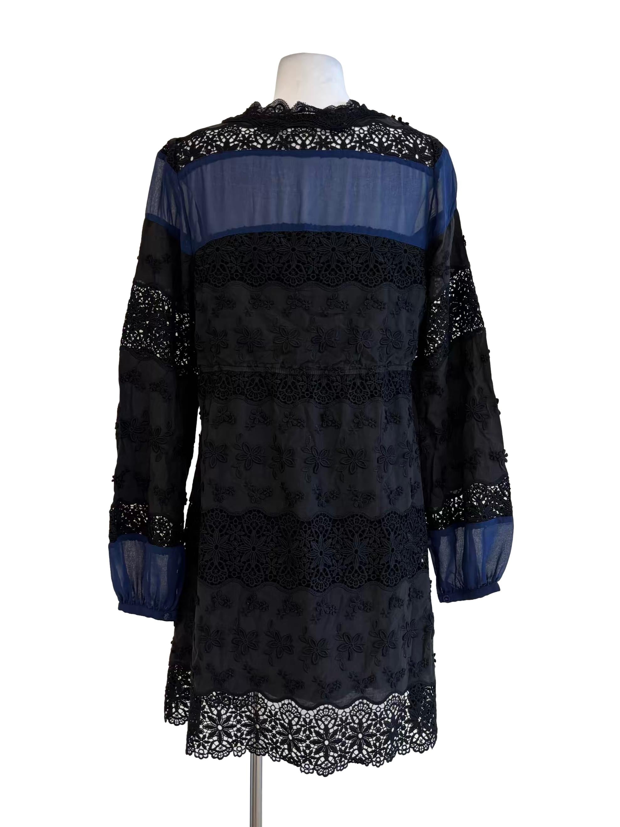 Jet Black Blue Cotton Embroidered Dress