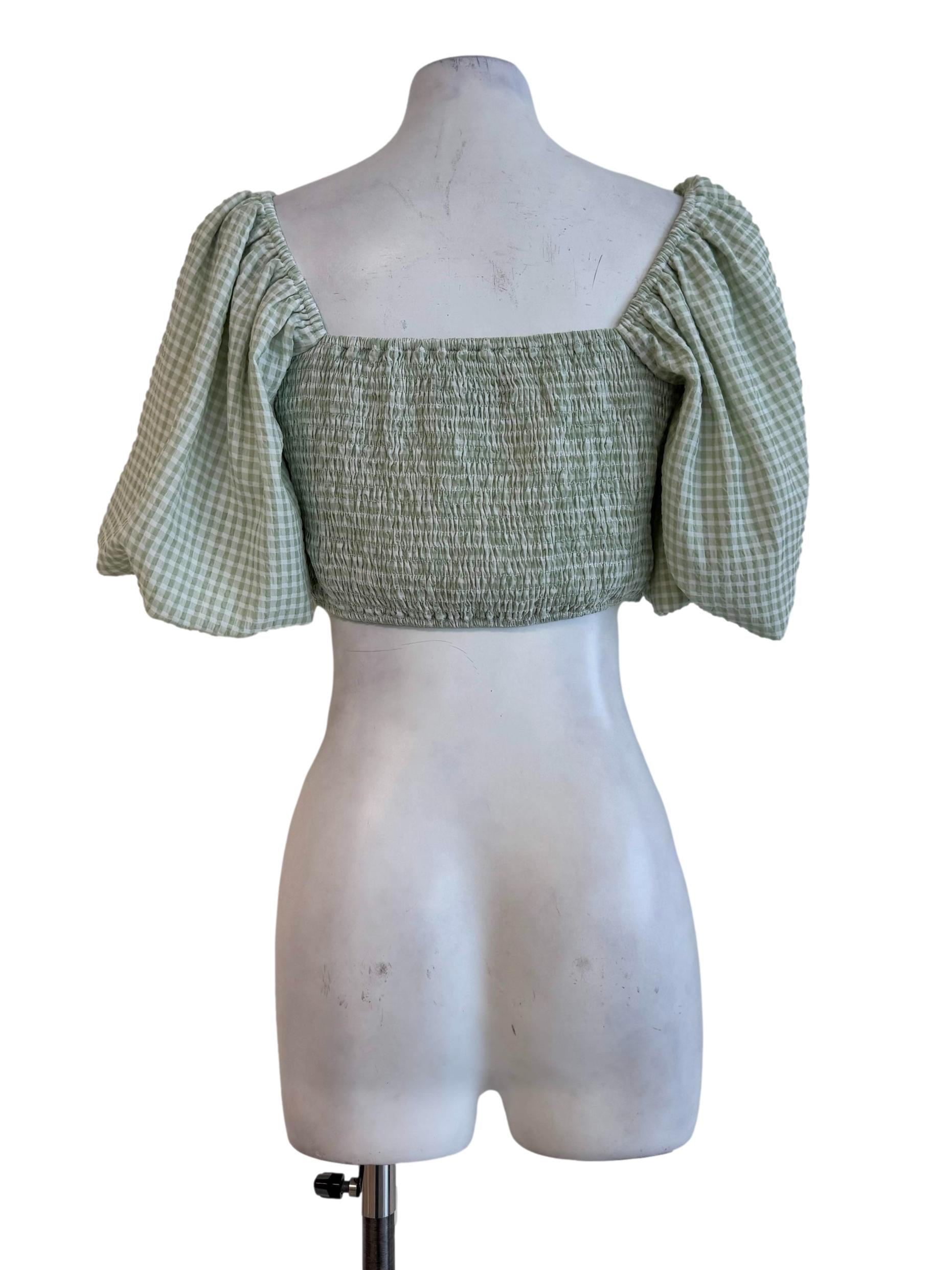Mint Checkered Balloon Sleeve Top