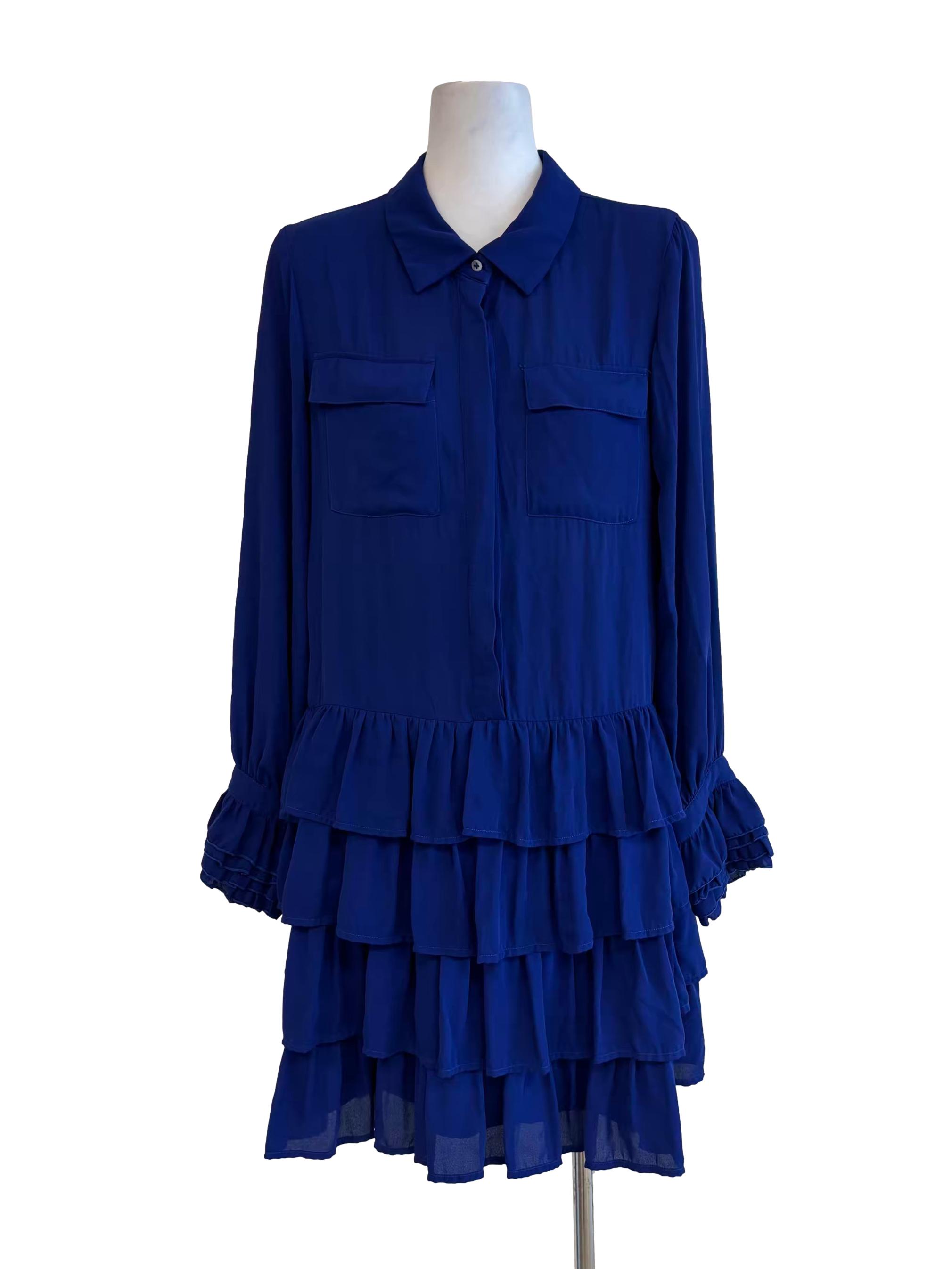 Cerulean Blue Long Sleeve Tiered Shirt Dress