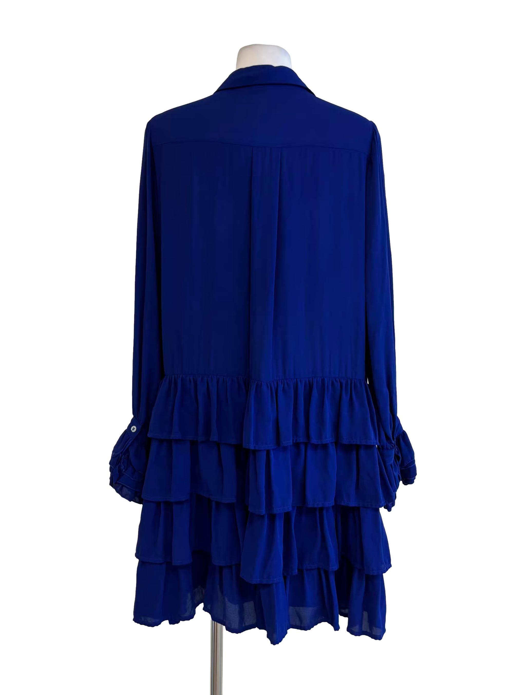 Cerulean Blue Long Sleeve Tiered Shirt Dress