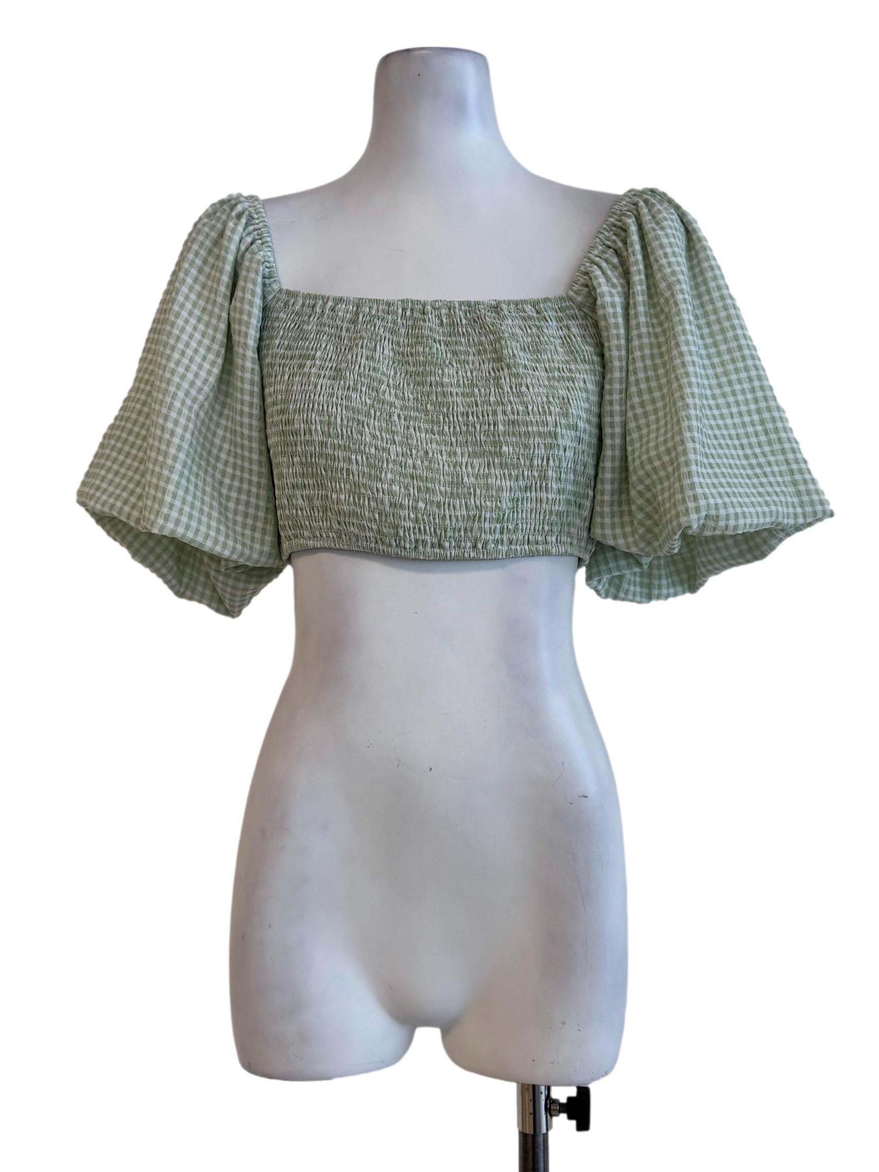 Mint Checkered Balloon Sleeve Top