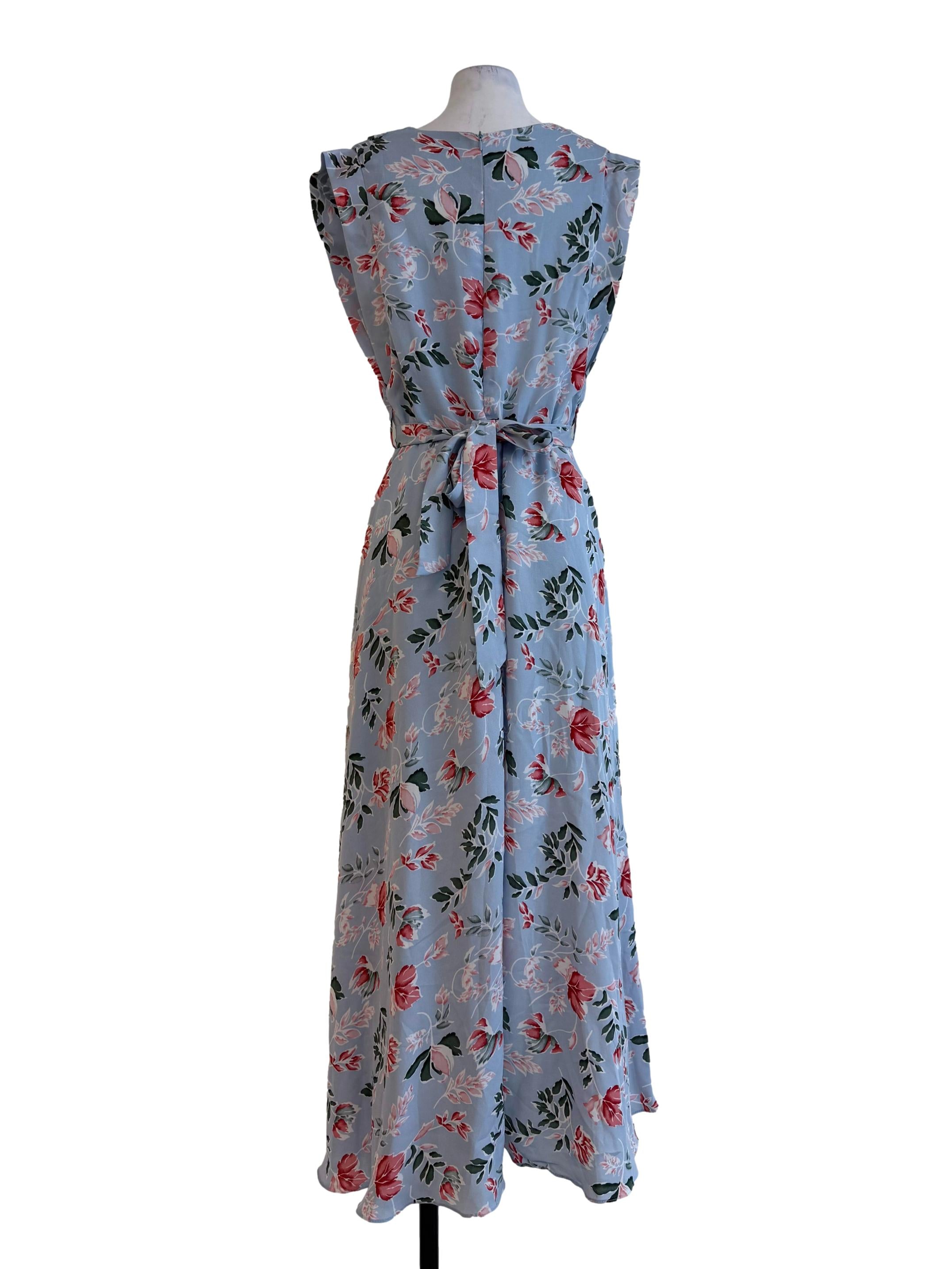 Sky Blue With Floral Prints V Neck Dress