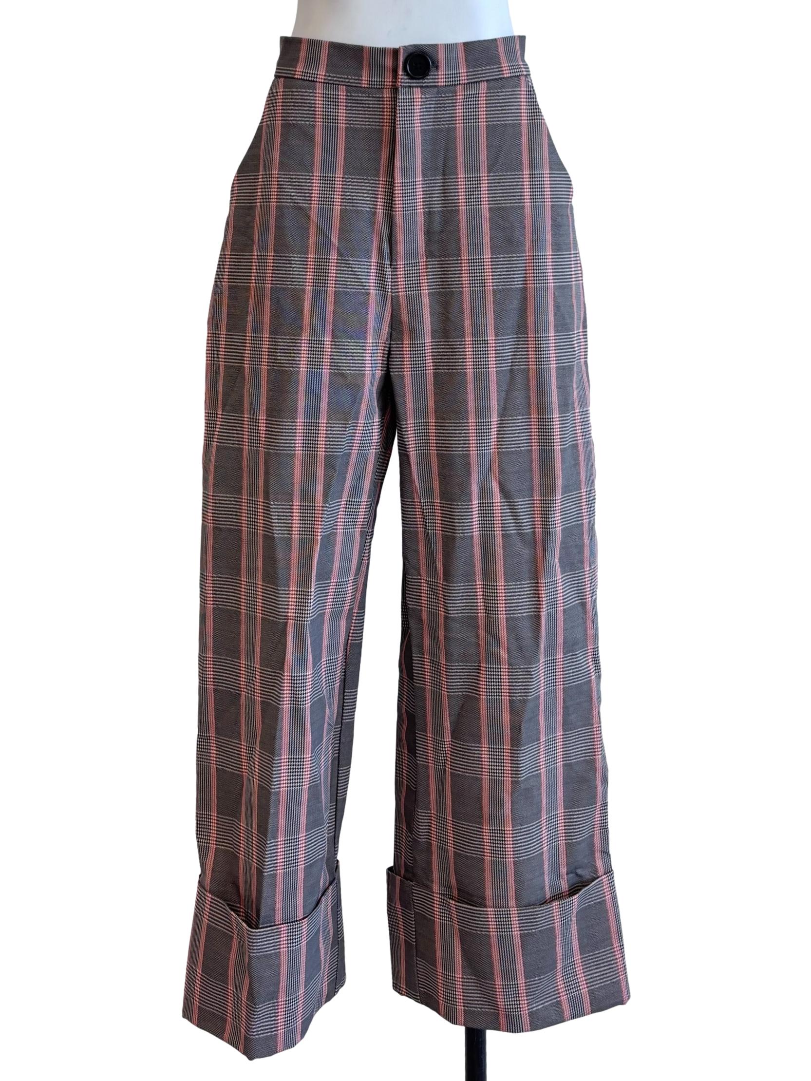 Grey Red Plaid Tailored Pants