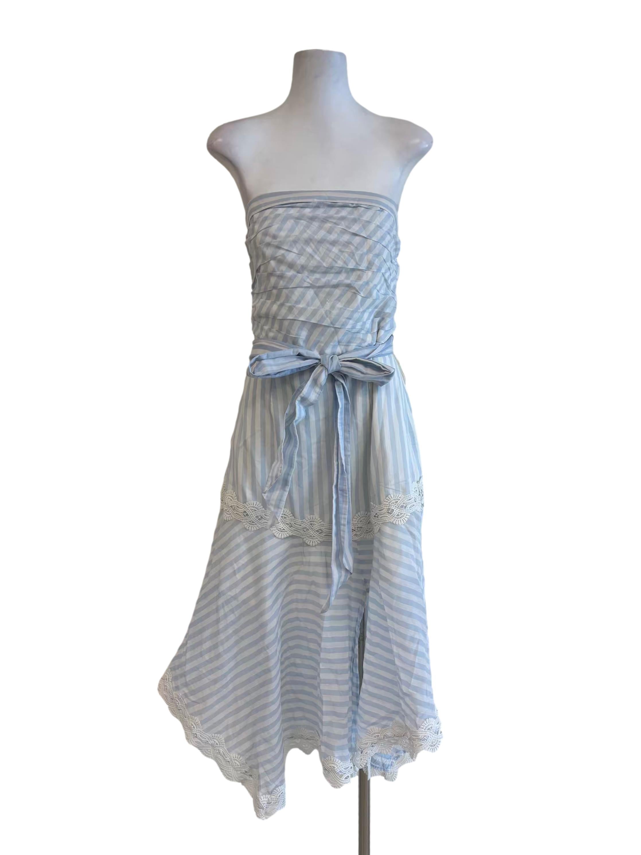 Baby Blue White Stripes Strapless Cotton Dress