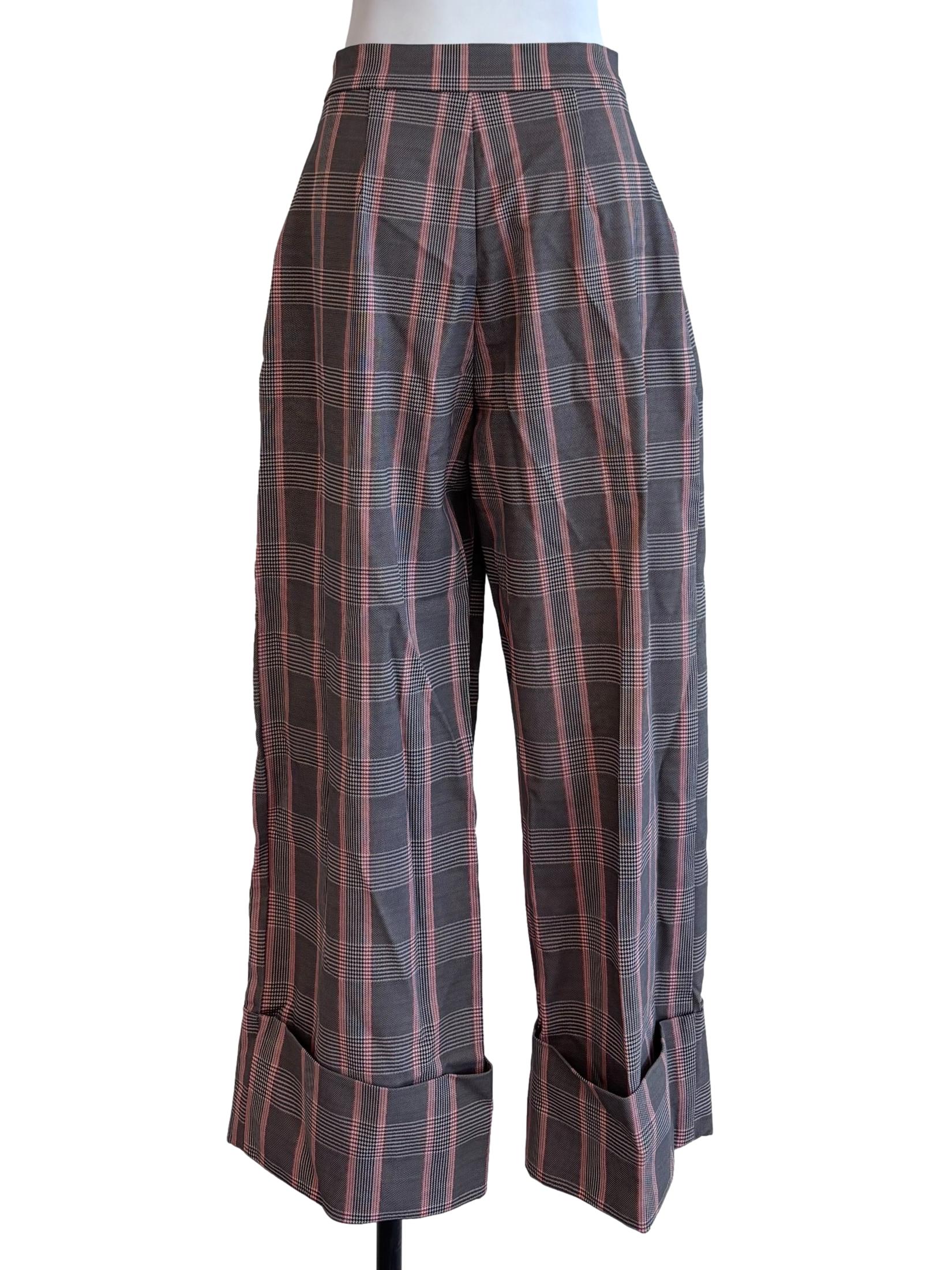 Grey Red Plaid Tailored Pants