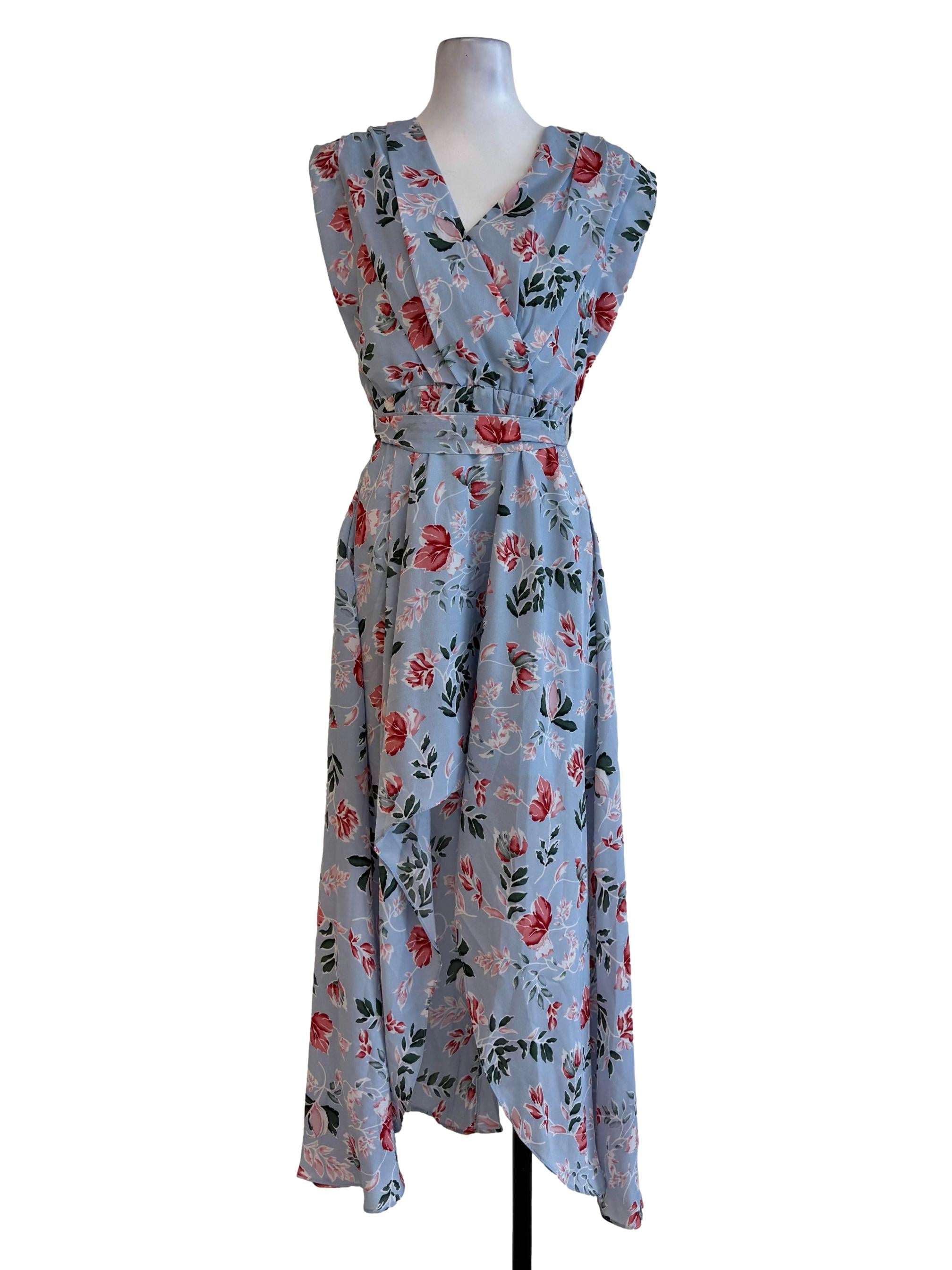 Sky Blue With Floral Prints V Neck Dress