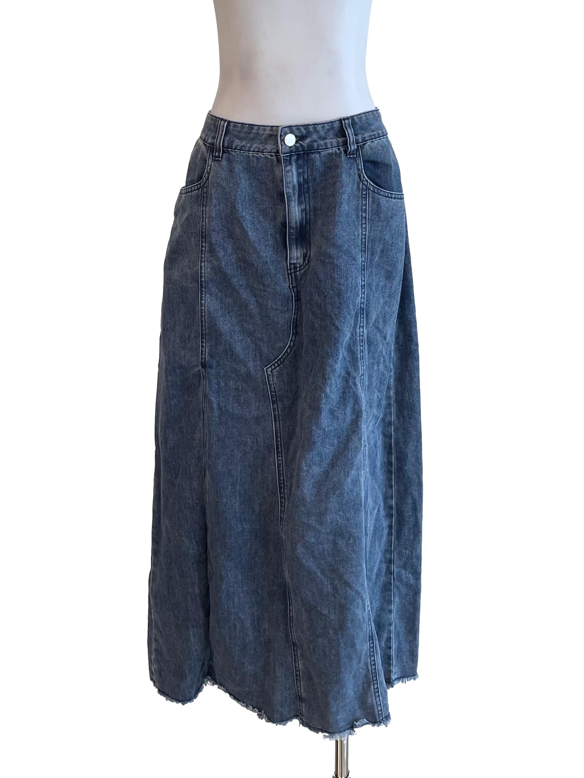 Ash Blue Distressed Front Slit Denim Skirt
