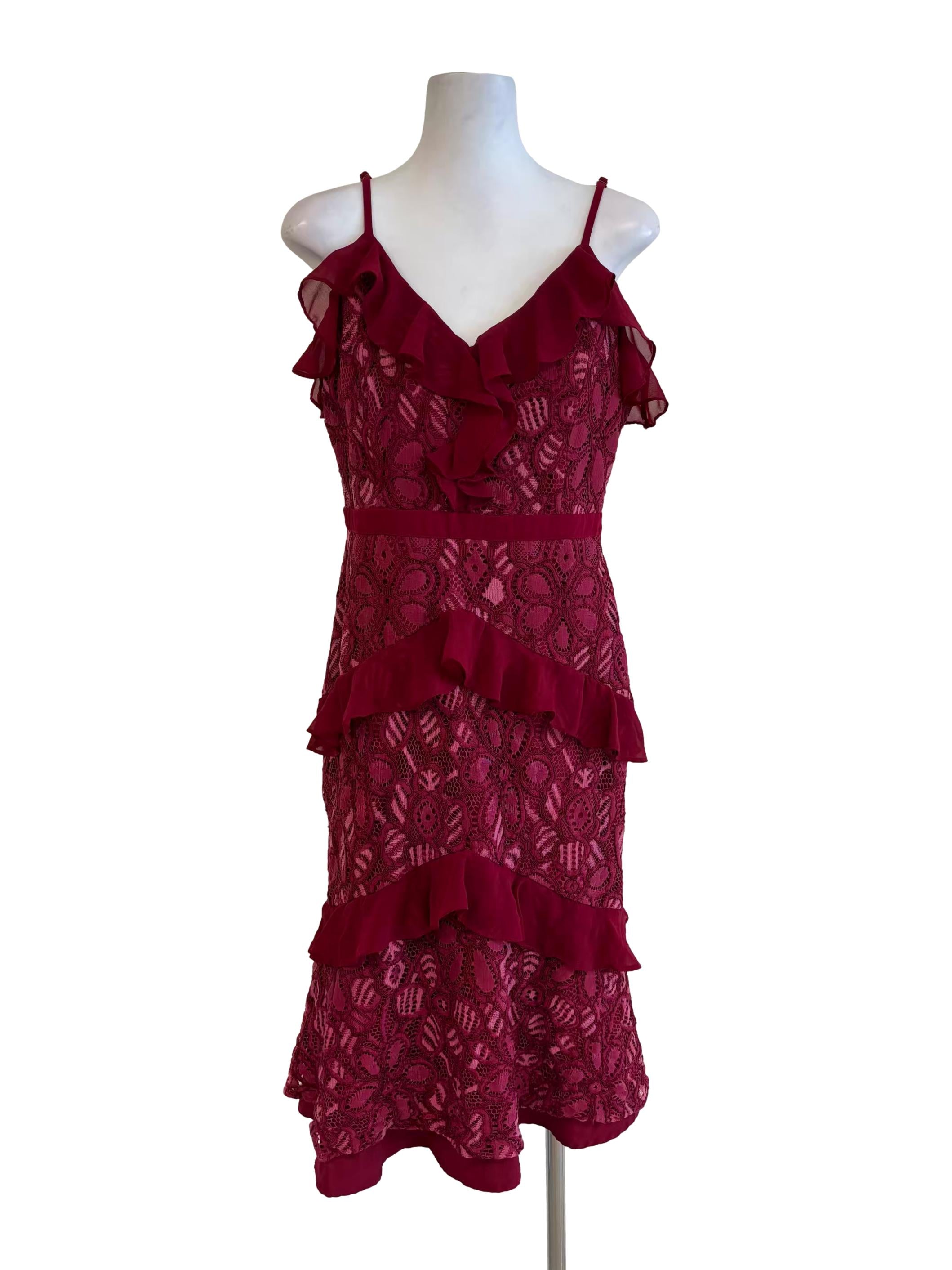 Maroon Floral Lace Ruffle Dress