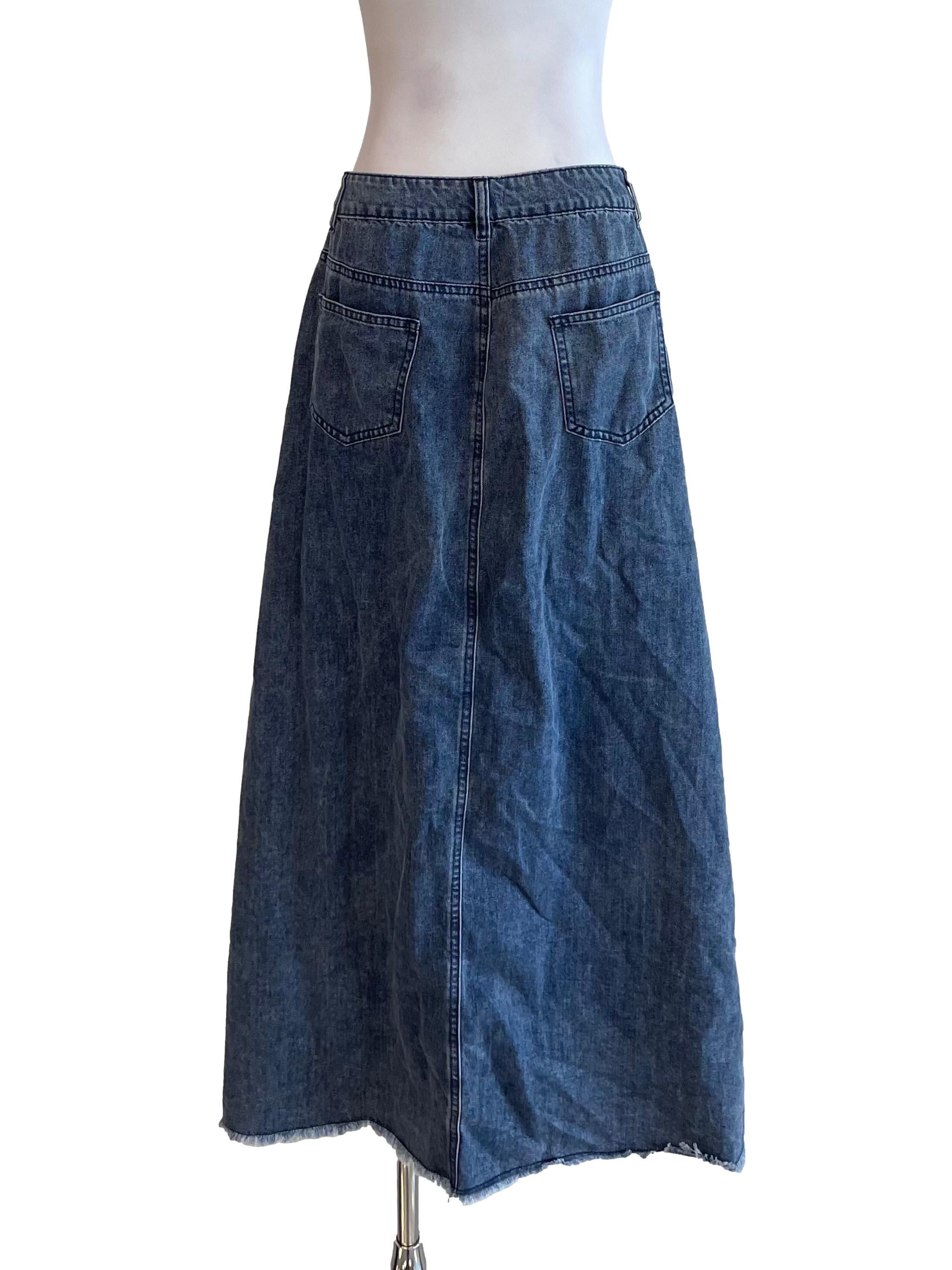 Ash Blue Distressed Front Slit Denim Skirt