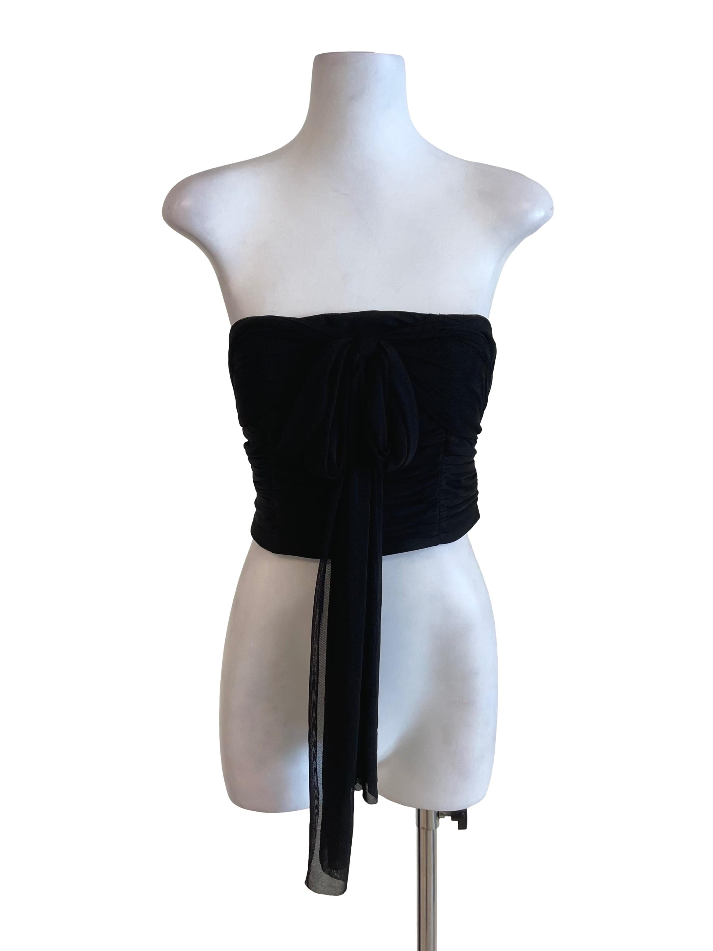 Black Draped Mesh Tie Bow Tube Top