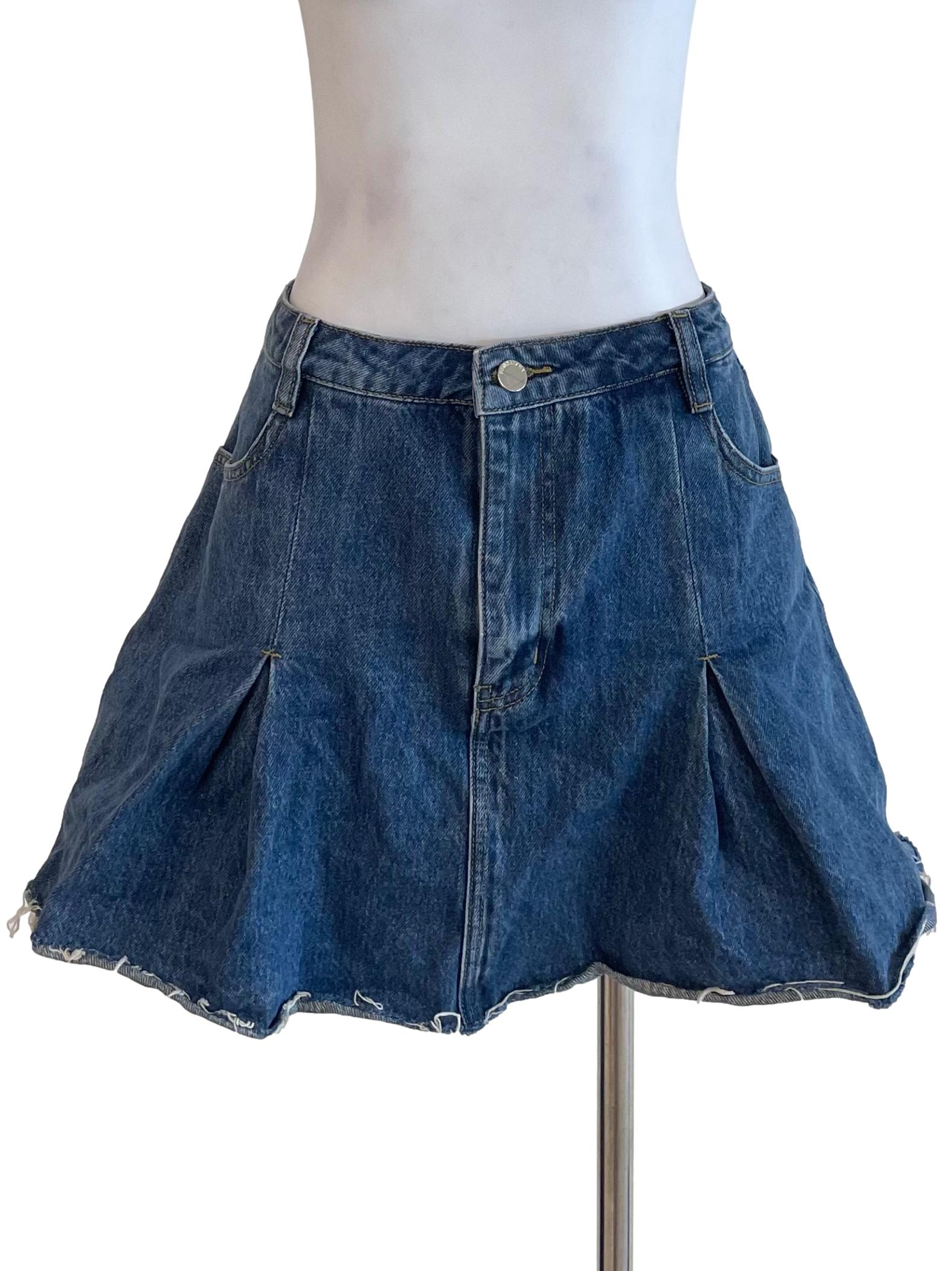 Blue Distressed Denim Pleat Skirt
