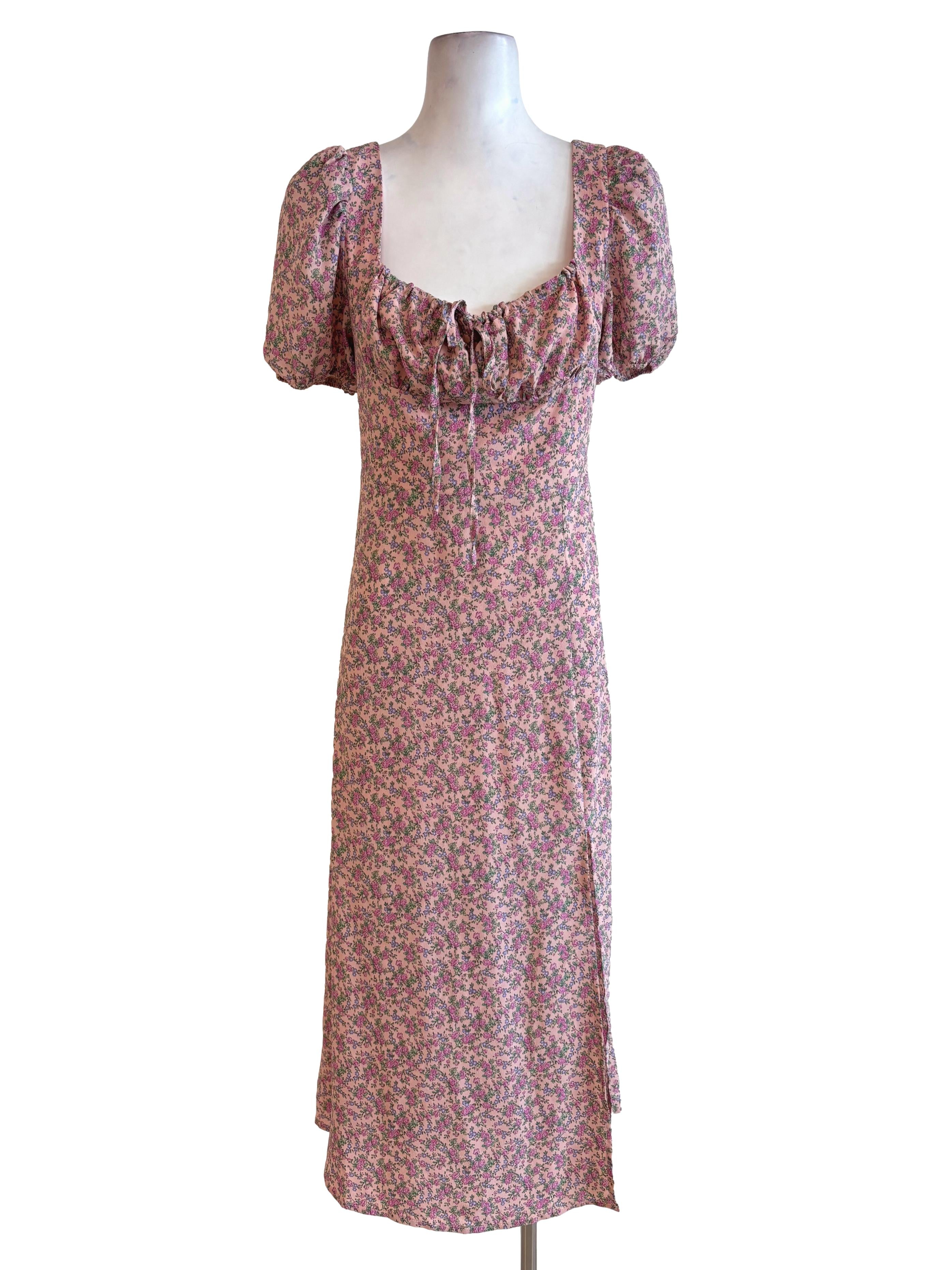 Pink Floral Puffed Sleeve Dress