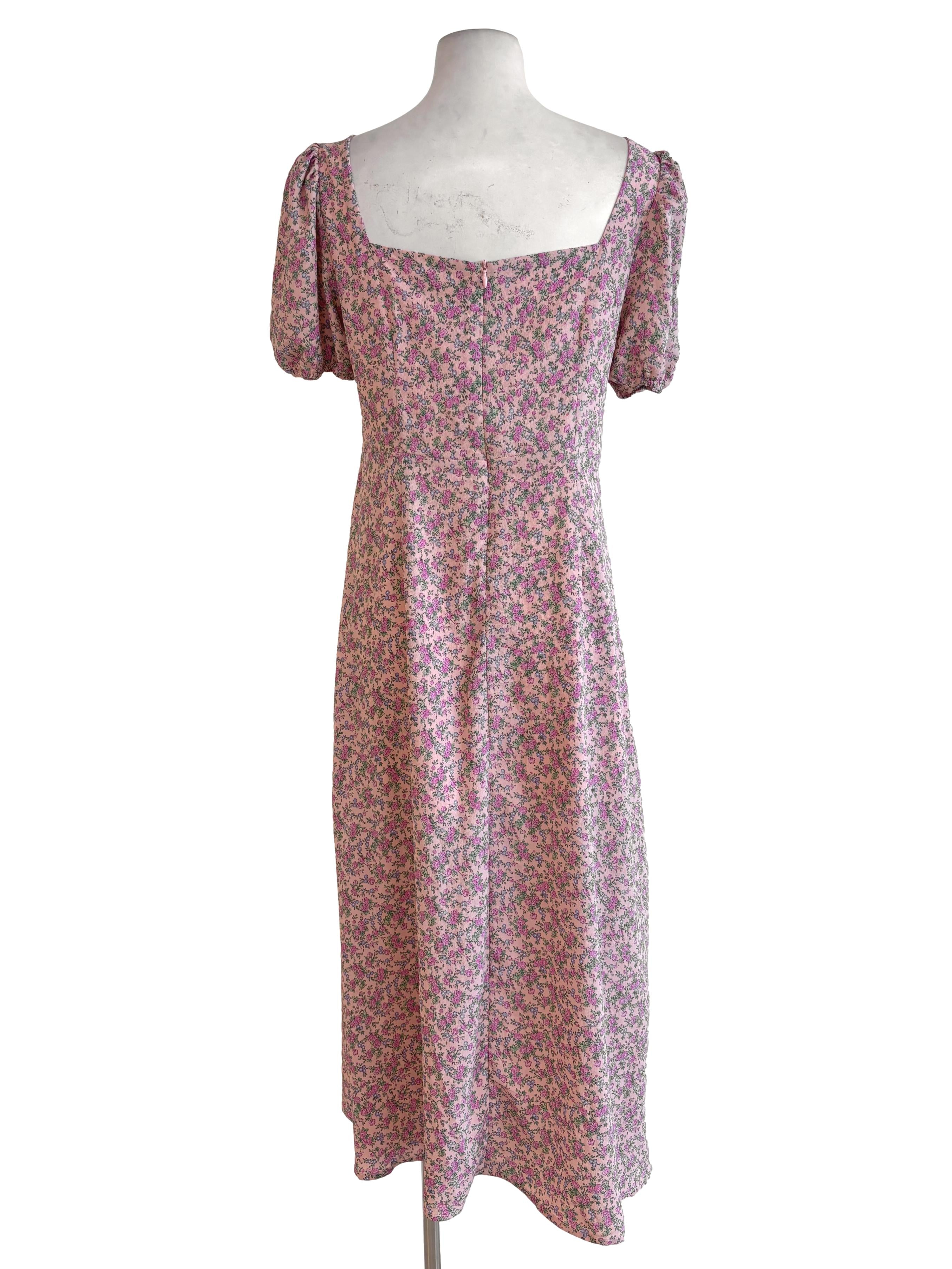 Pink Floral Puffed Sleeve Dress