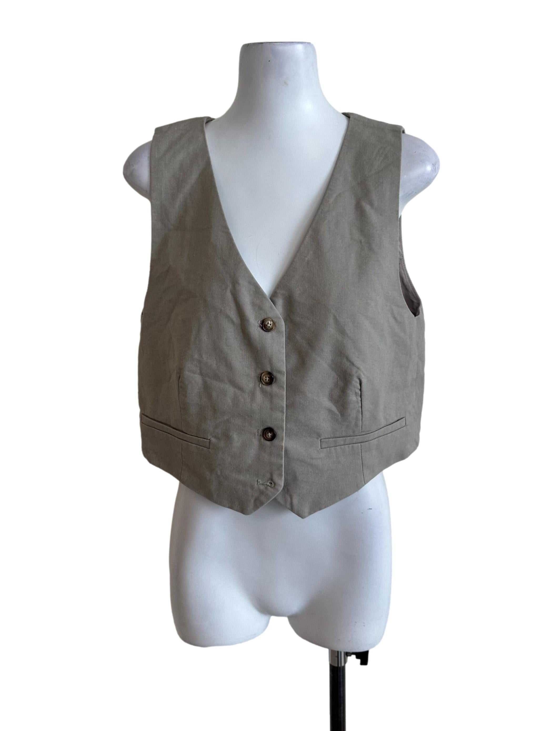 Hazel Beige V Neck Button Vest