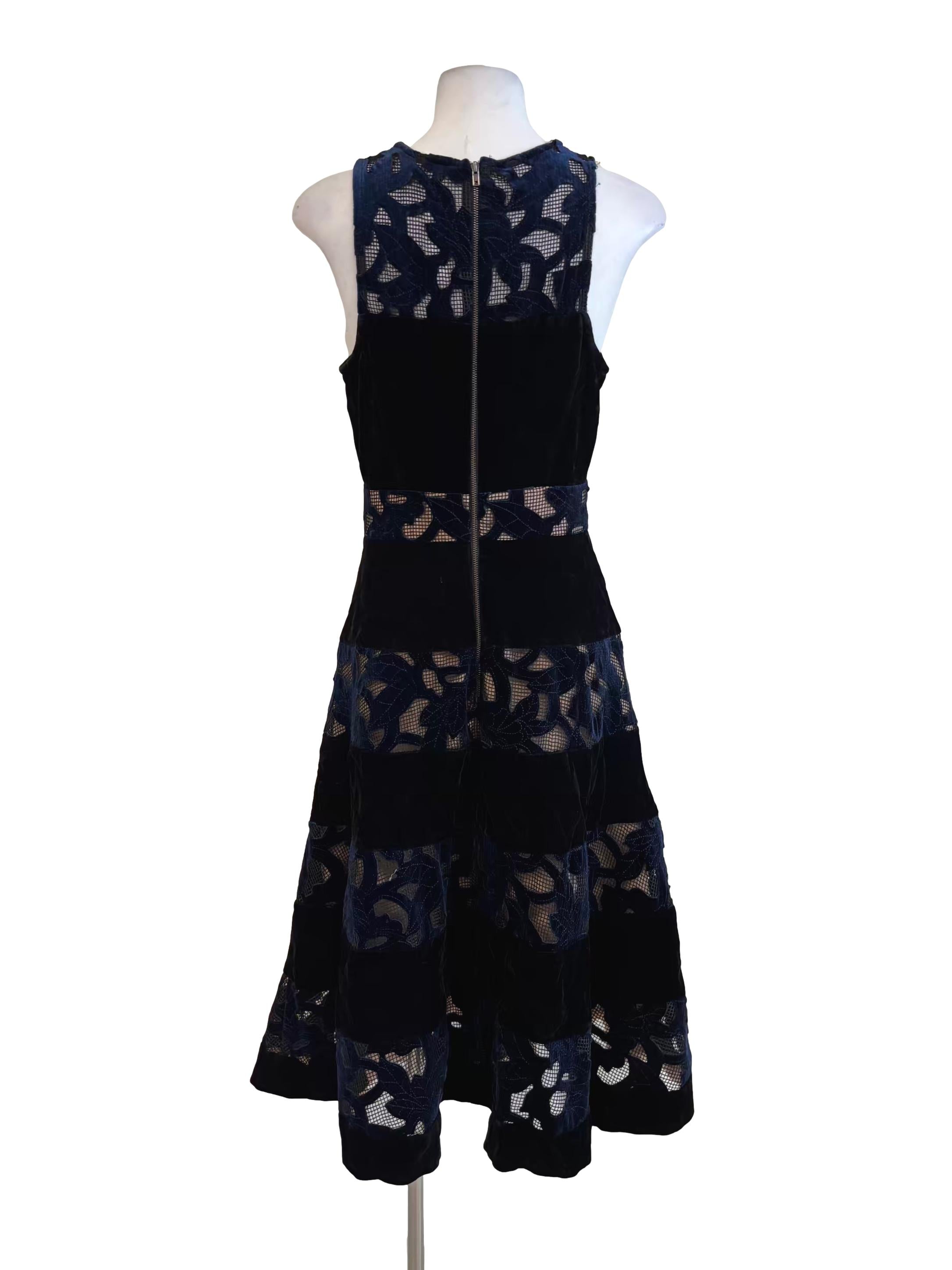 Blue Black Lined Velvet Mesh Dress