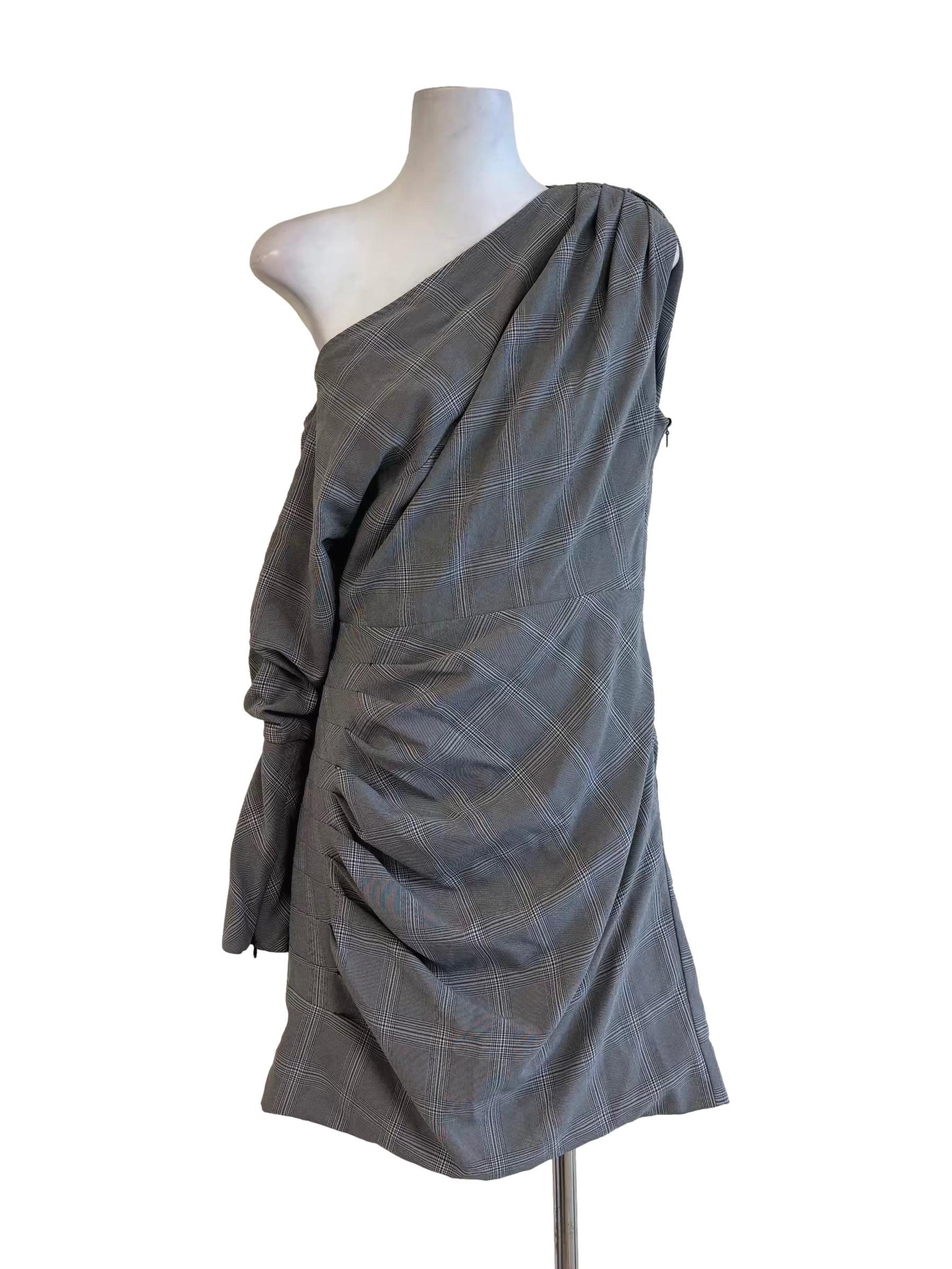 Echo Grey One Shoulder Plaid Dress