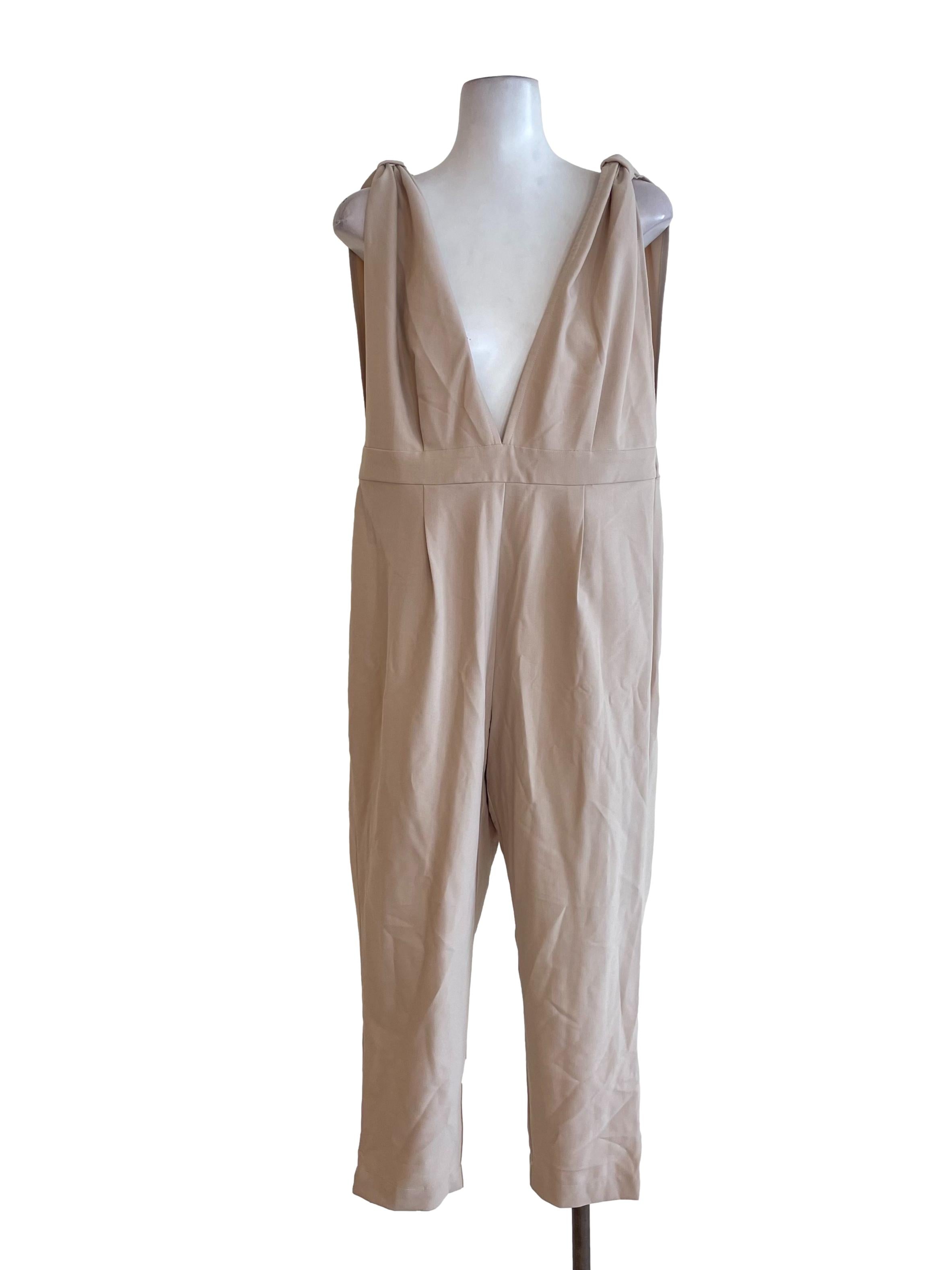 Beige Ruched Shoulder Jumpsuit