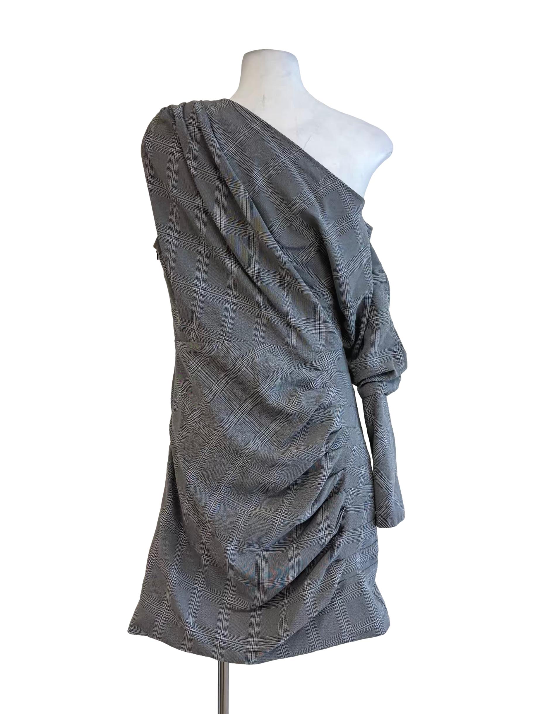 Echo Grey One Shoulder Plaid Dress
