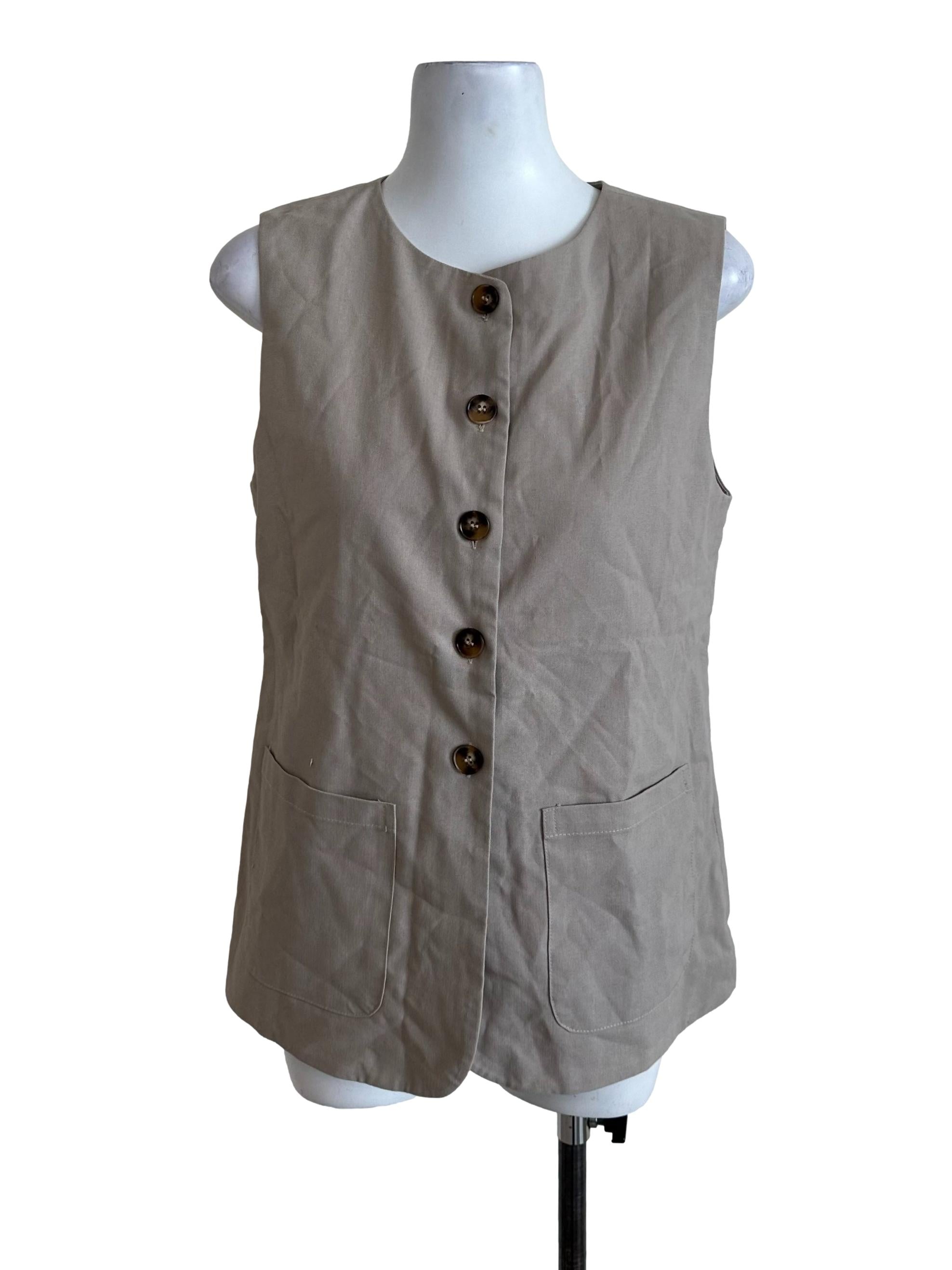 Coffee Beige Round Neck Button Vest