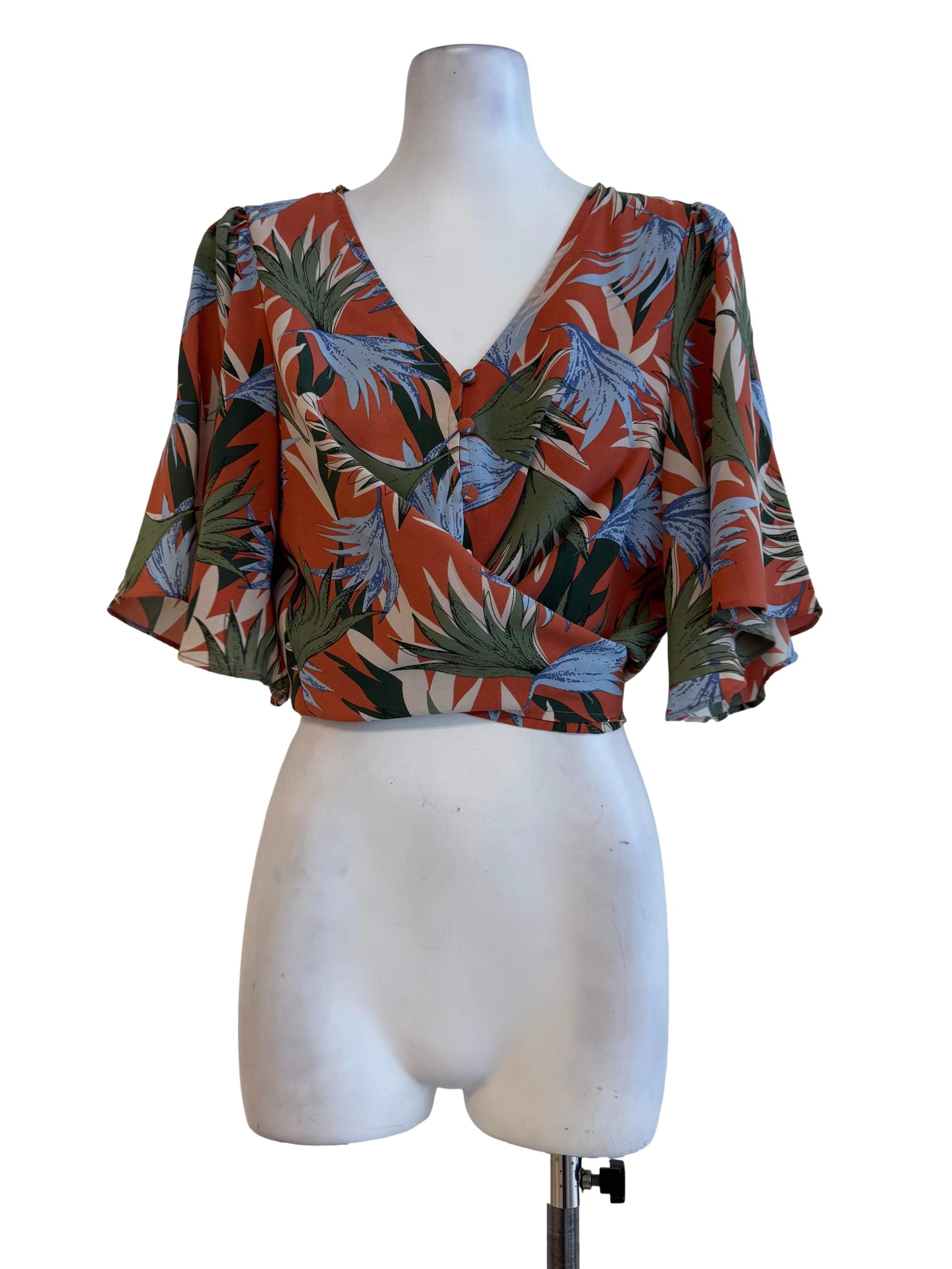 Brick Orange With Prints V Neck Blouse