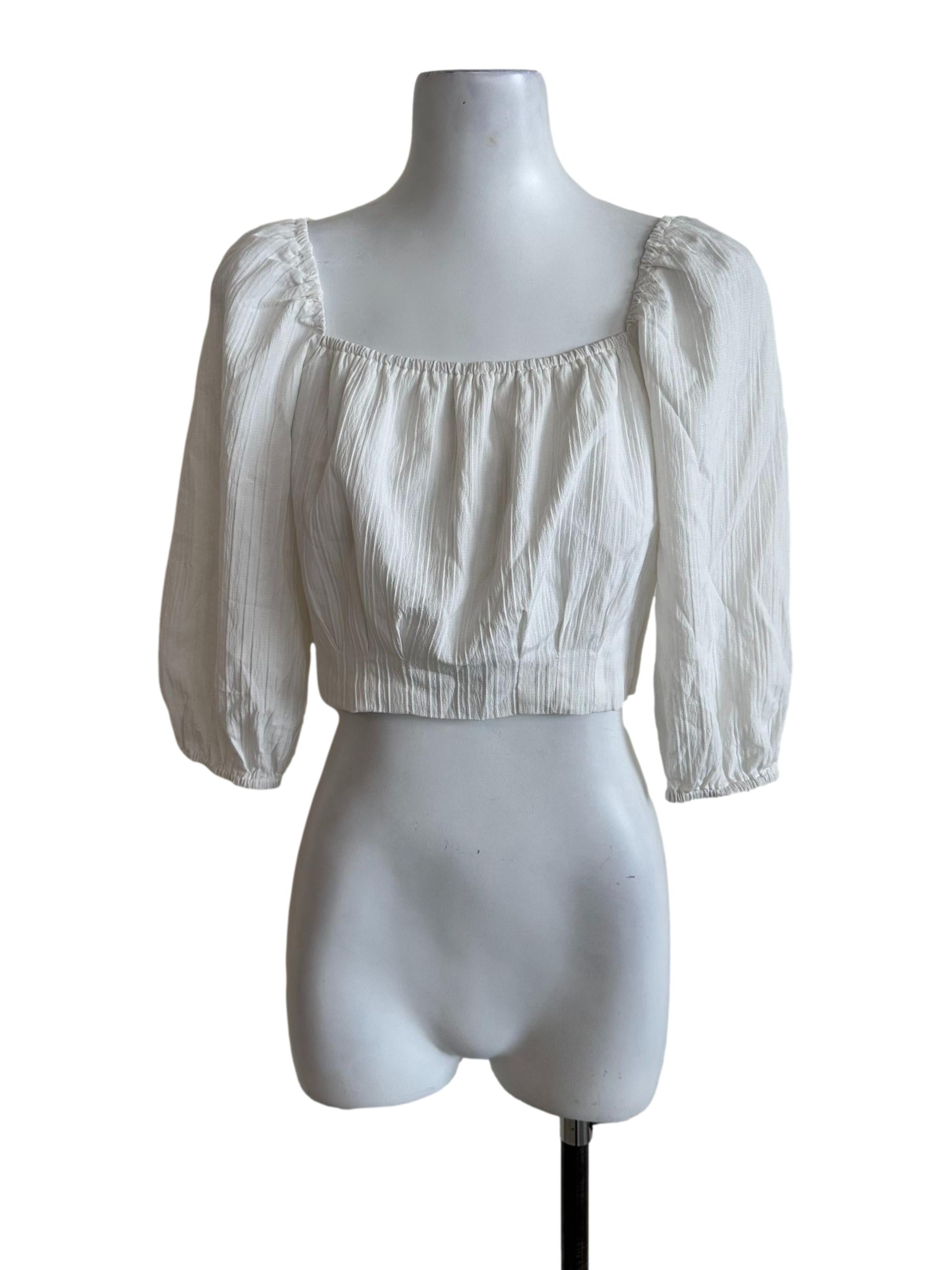 Pearl White Textured Long Sleeve Crop Top