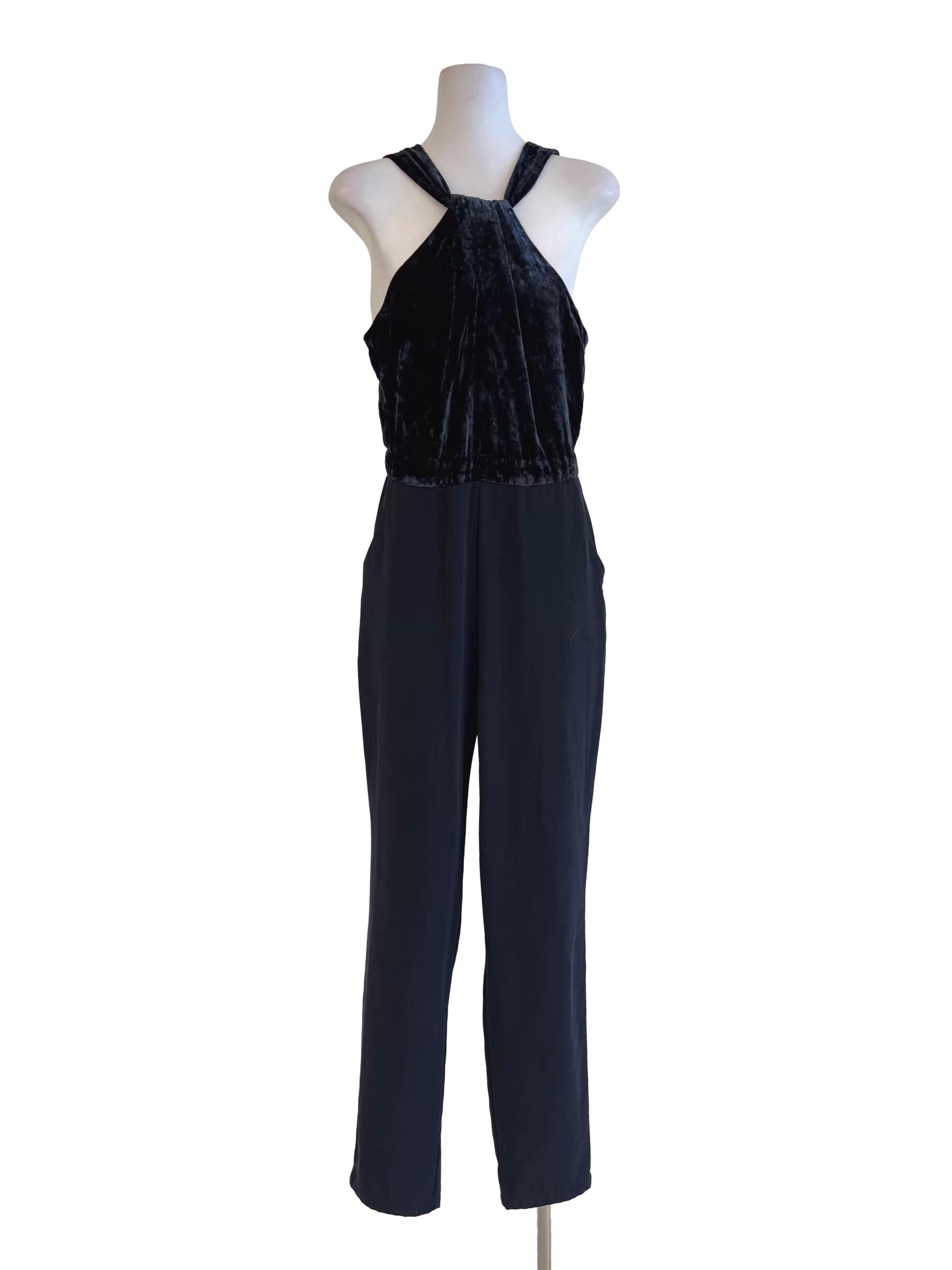Midnight Blue Velvet Halter Slim Fit Jumpsuit