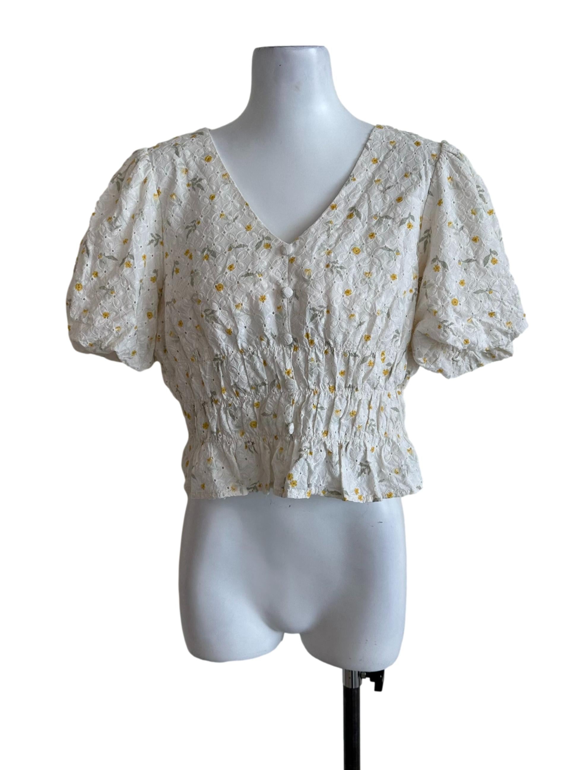 Cream White Floral Embroidery V Neck Top