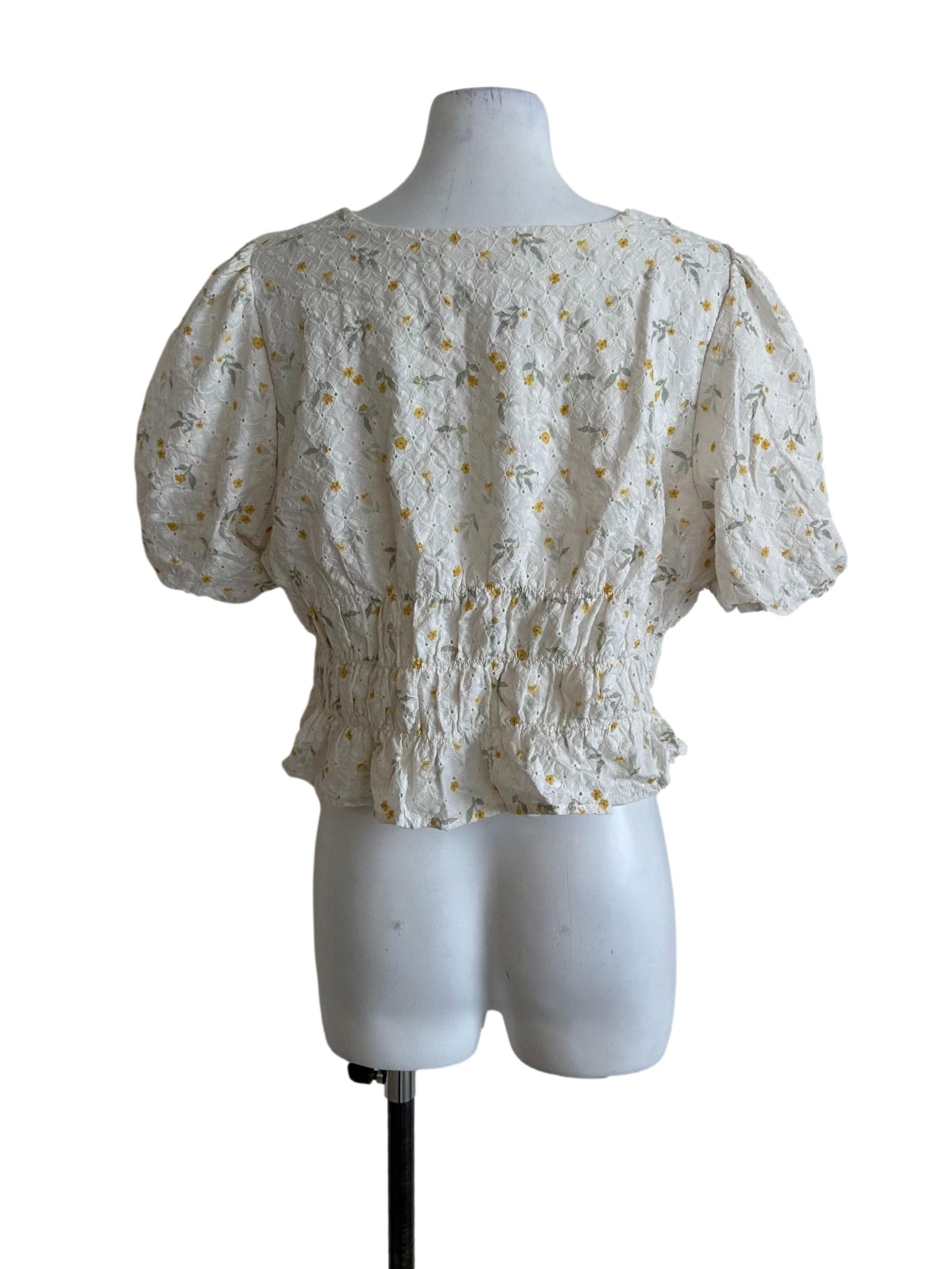 Cream White Floral Embroidery V Neck Top