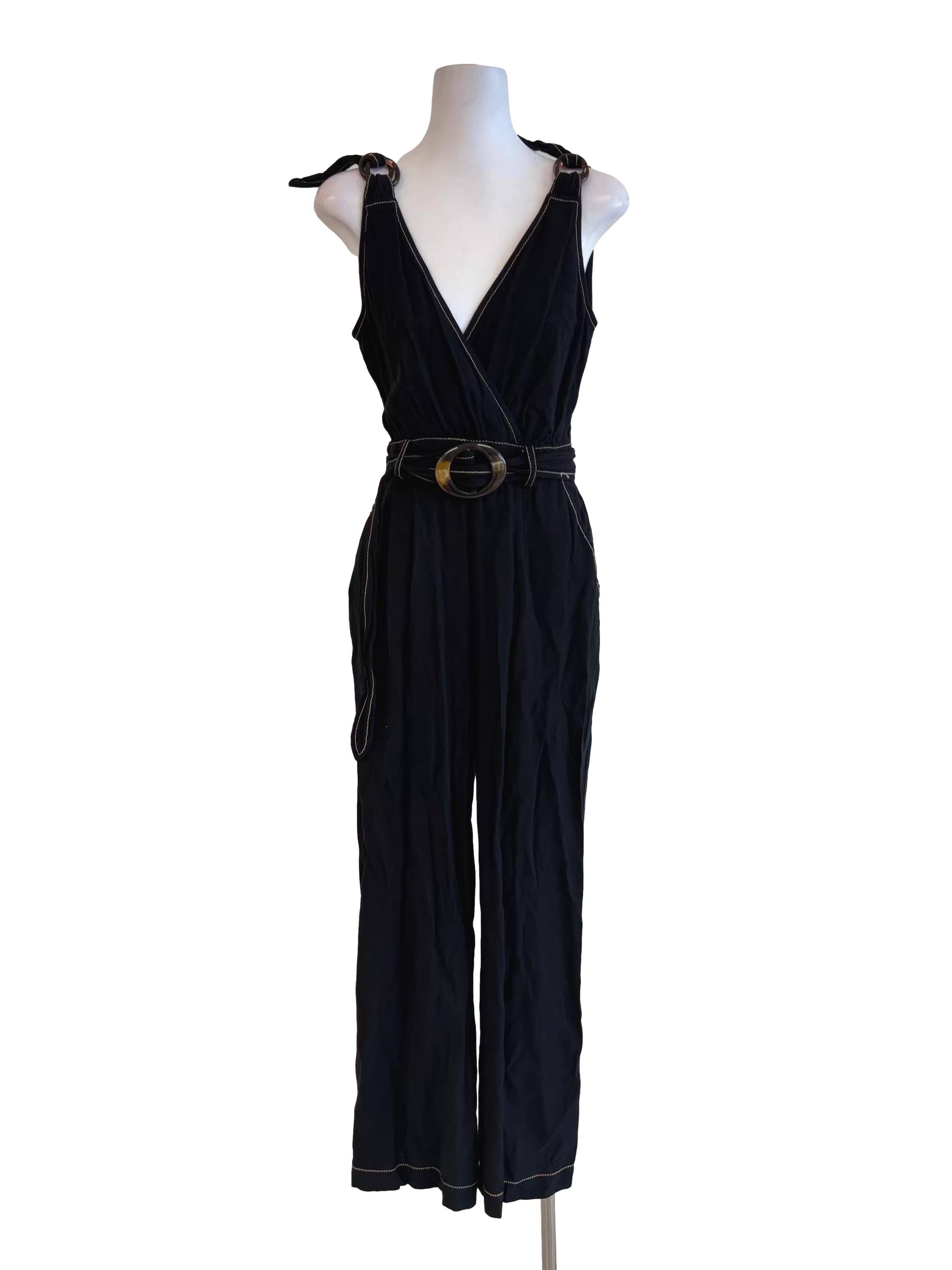 Jet Black Cotton Surplice Jumpsuit