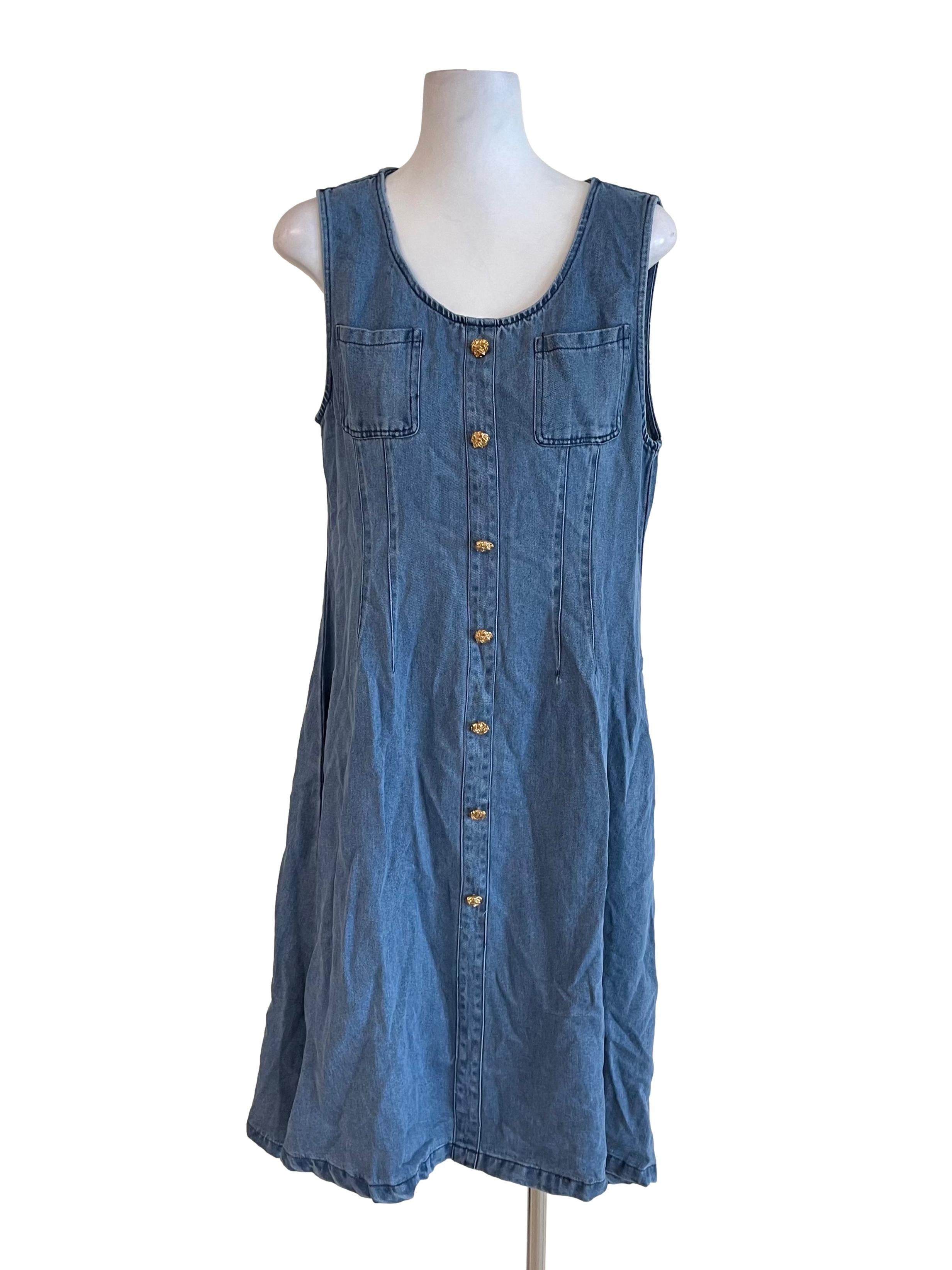 Ash Blue Gold Buttons Bust Pocket Dress