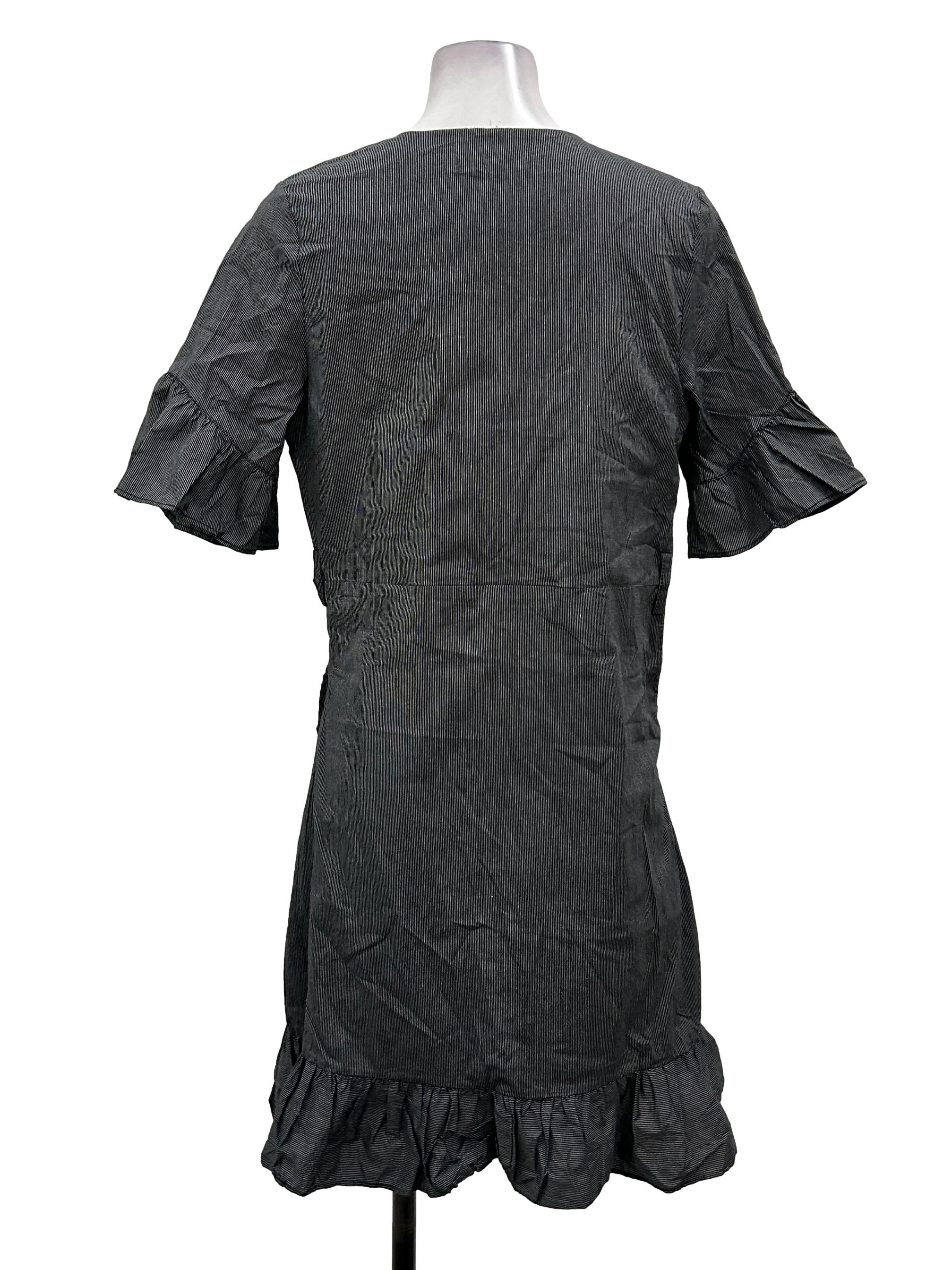 Black Pinstripe Ruffles Wrap Dress