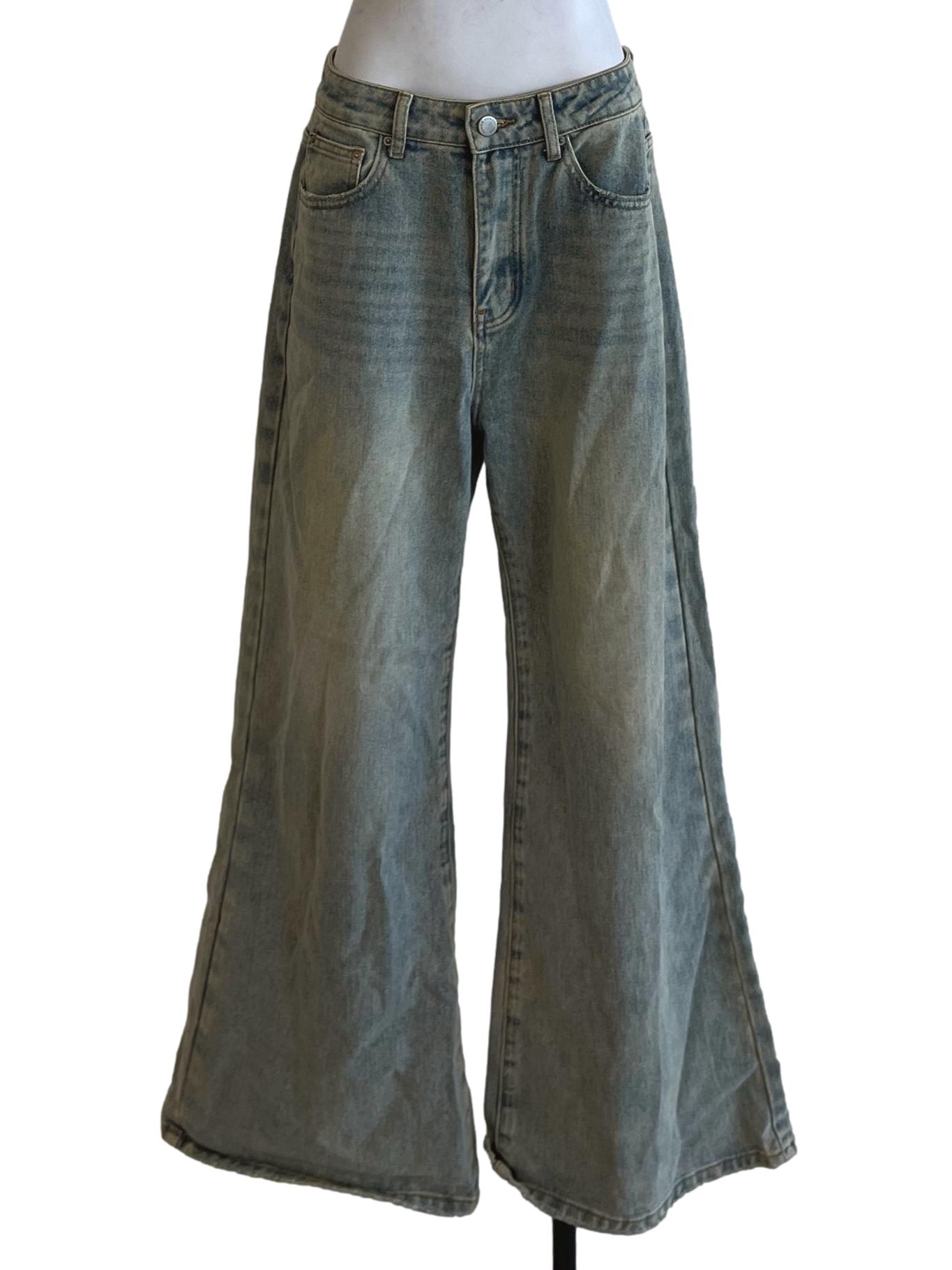 Blue Denim Plain Wide Leg Jeans YHF