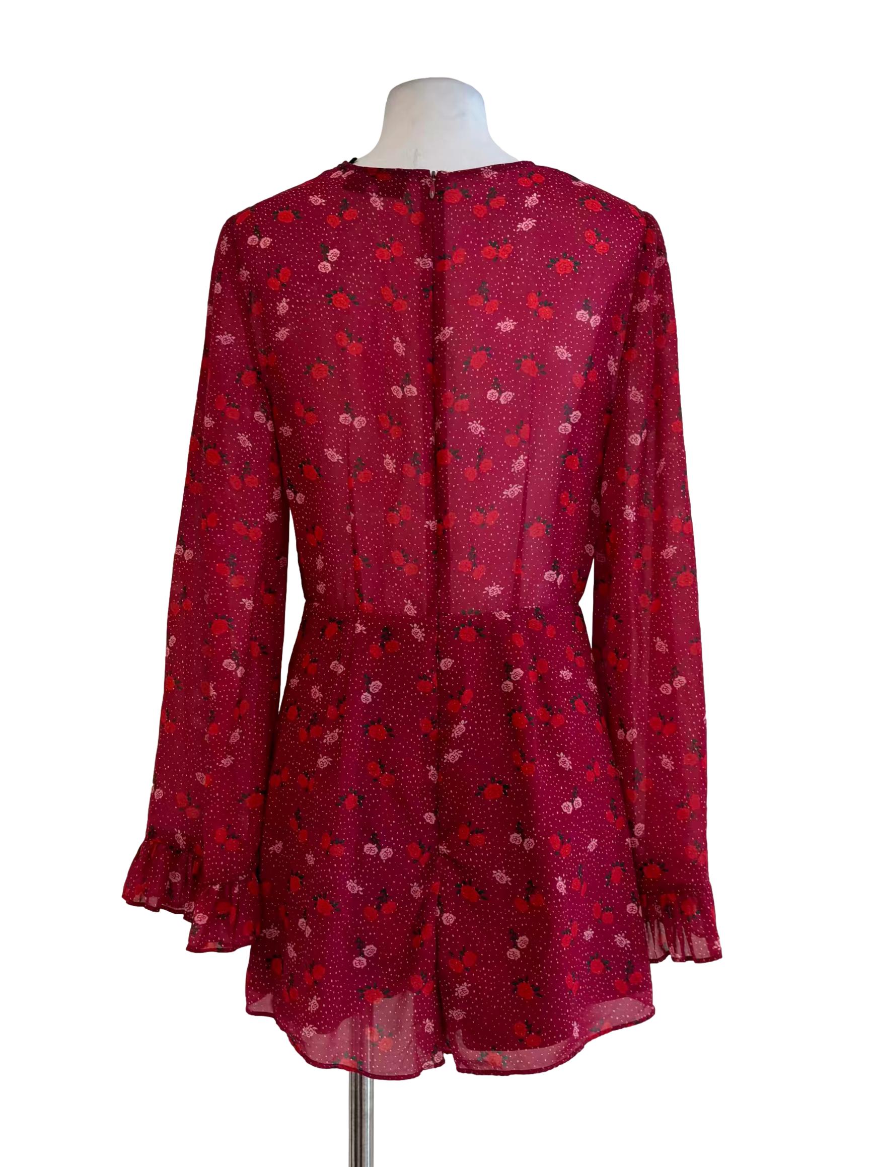 Cherry Red Roses Long Sleeve Romper