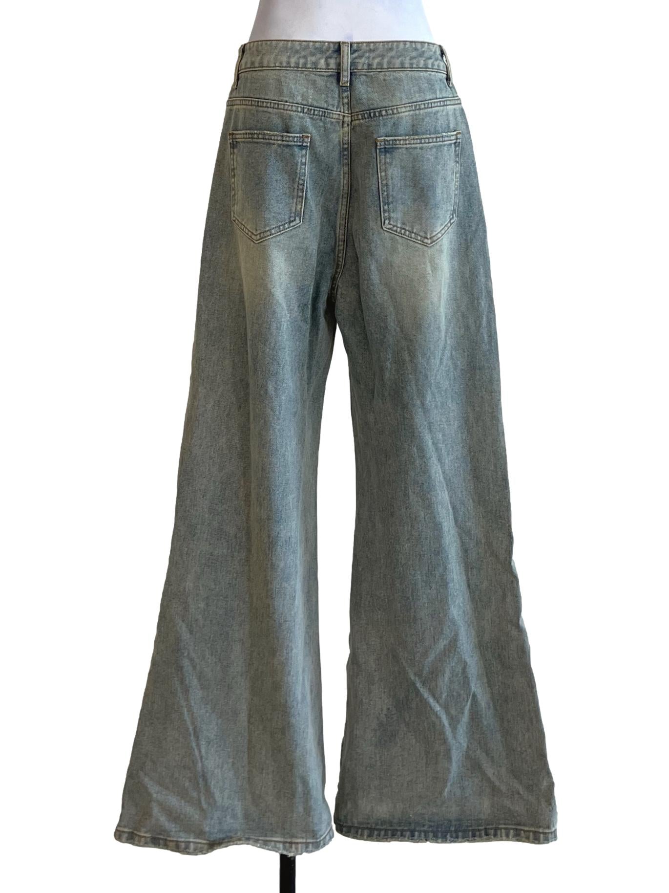 Blue Denim Plain Wide Leg Jeans YHF