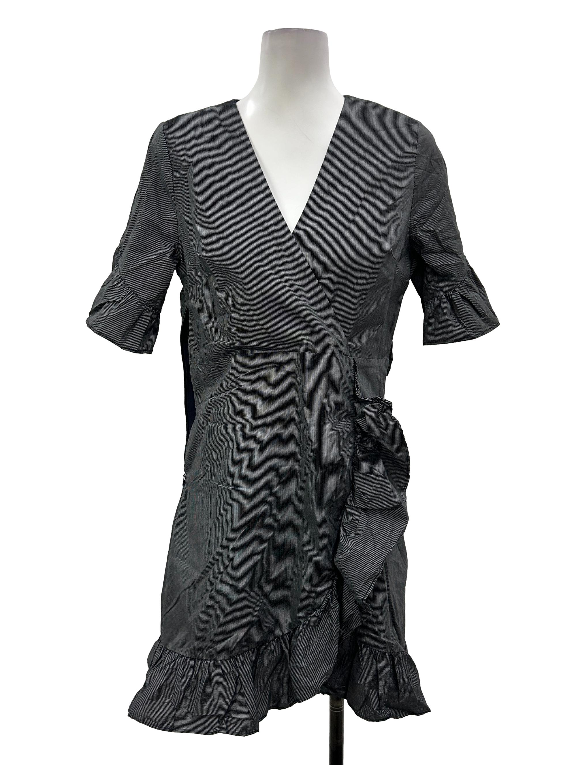 Black Pinstripe Ruffles Wrap Dress
